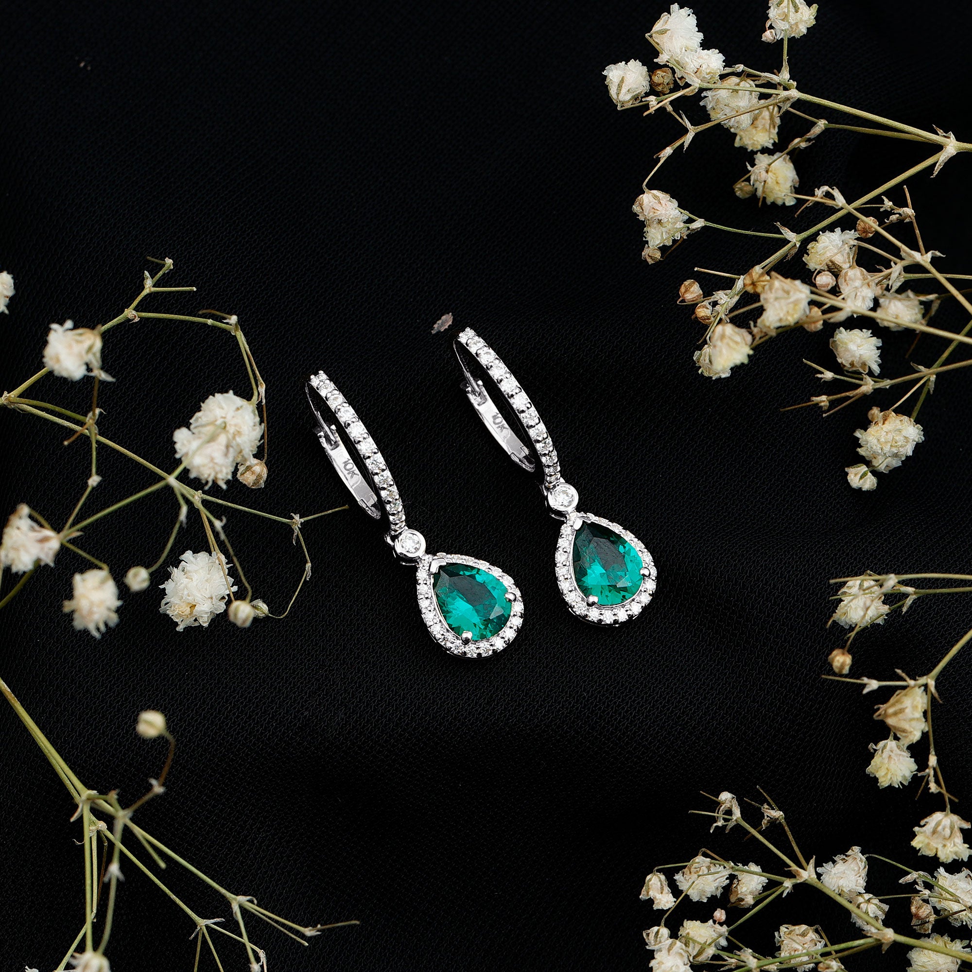 Lab Grown Emerald Hoop Drop Earrings With Moissanite Halo AAAA - Rosec Jewels