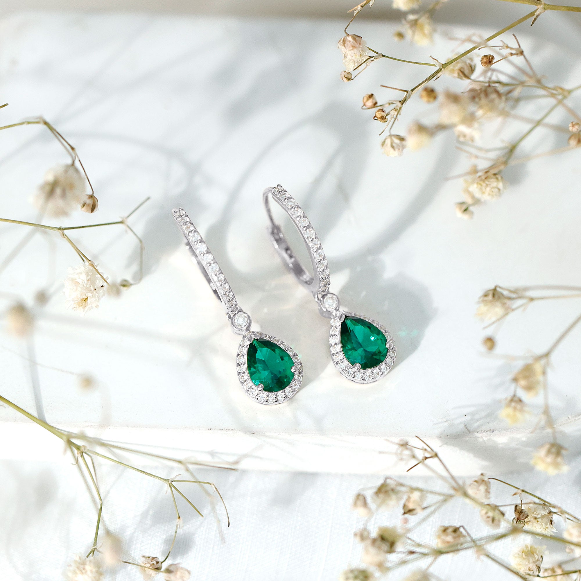 Lab Grown Emerald Hoop Drop Earrings With Moissanite Halo AAAA - Rosec Jewels