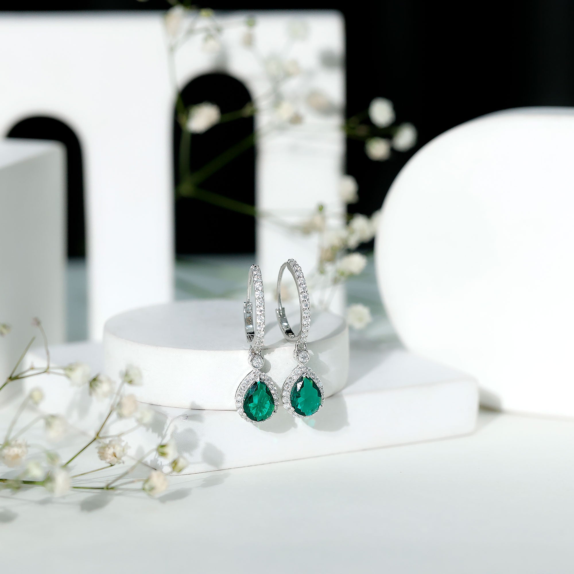 Lab Grown Emerald Hoop Drop Earrings With Moissanite Halo AAAA - Rosec Jewels