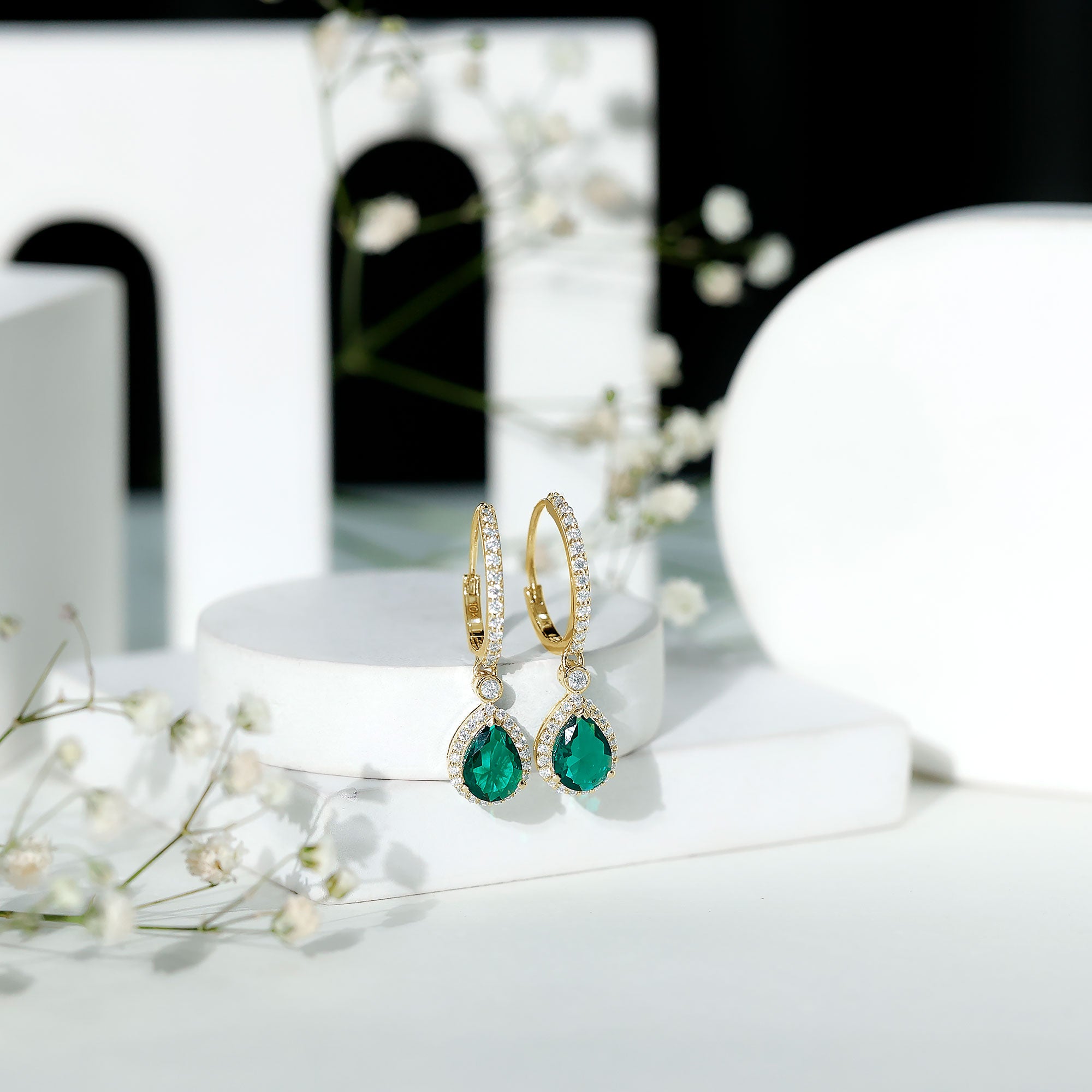 Lab Grown Emerald Hoop Drop Earrings With Moissanite Halo AAAA - Rosec Jewels