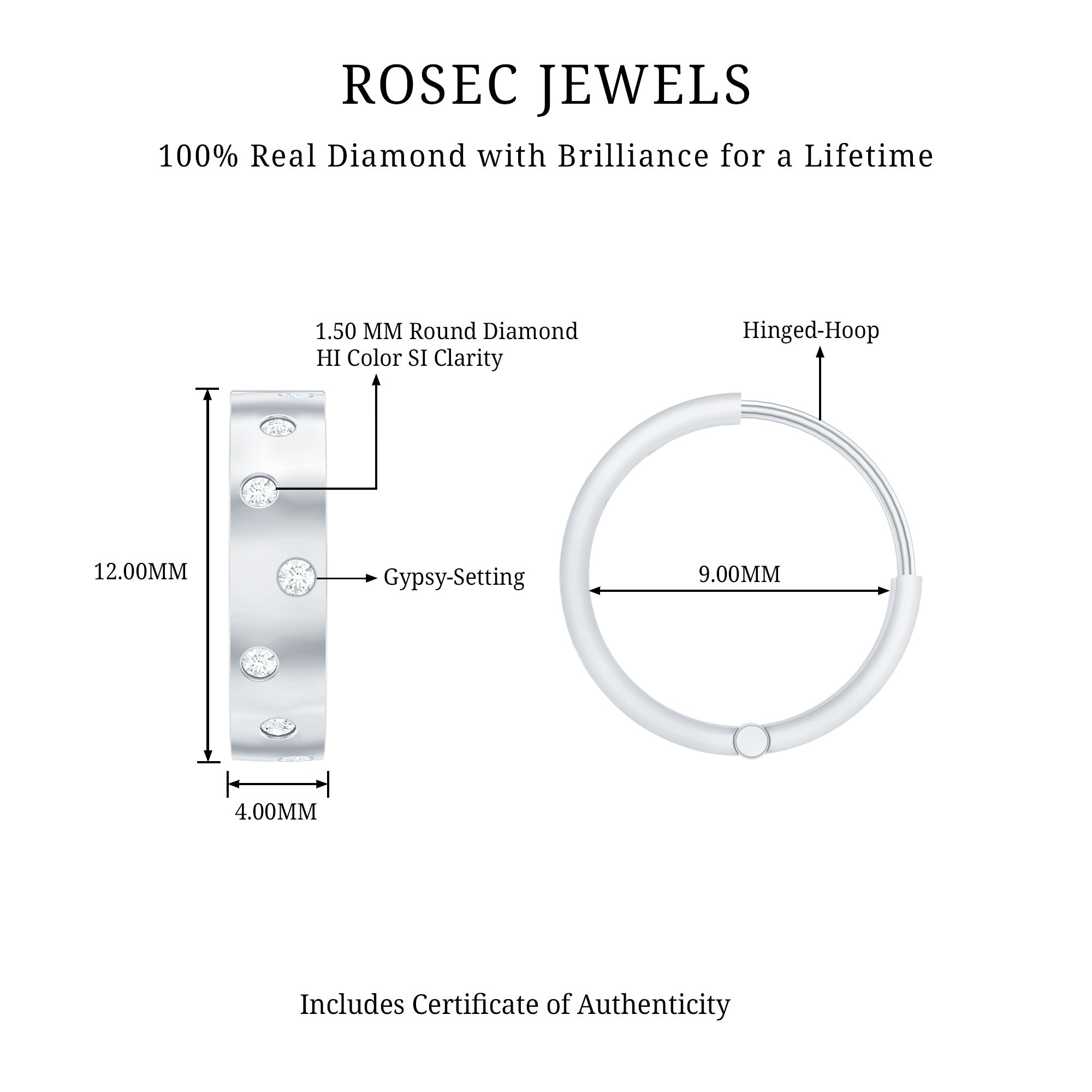 Flush Set Diamond Hoop Earrings For Women Natural - ( HI-SI ) - Rosec Jewels