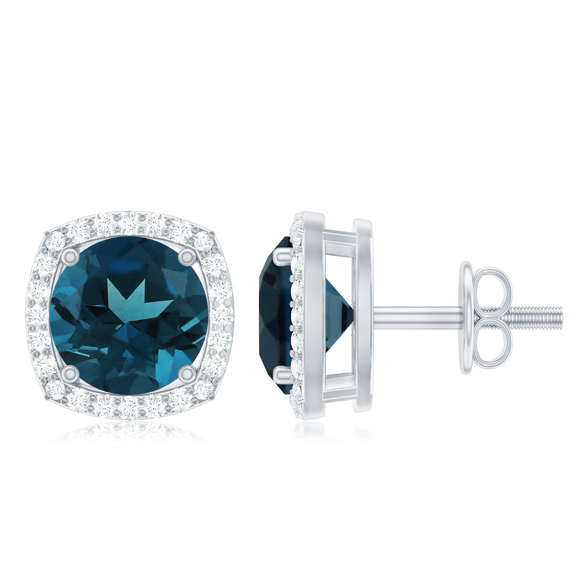 London Blue Topaz and Diamond Halo Stud Earrings AAA - Rosec Jewels