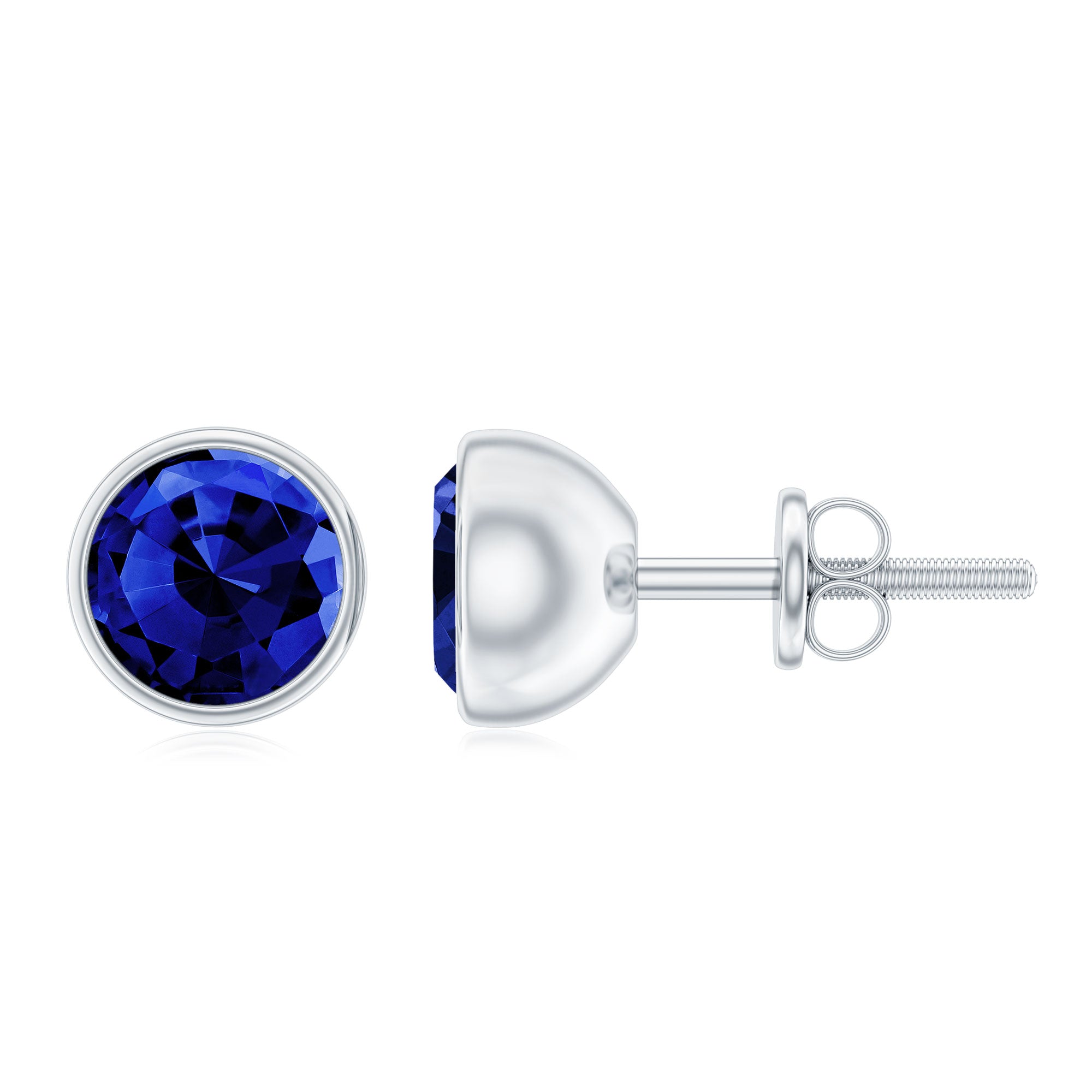 2 Carat Round Lab Created Blue Sapphire Stud Earrings in Bezel Setting AAAA - Rosec Jewels