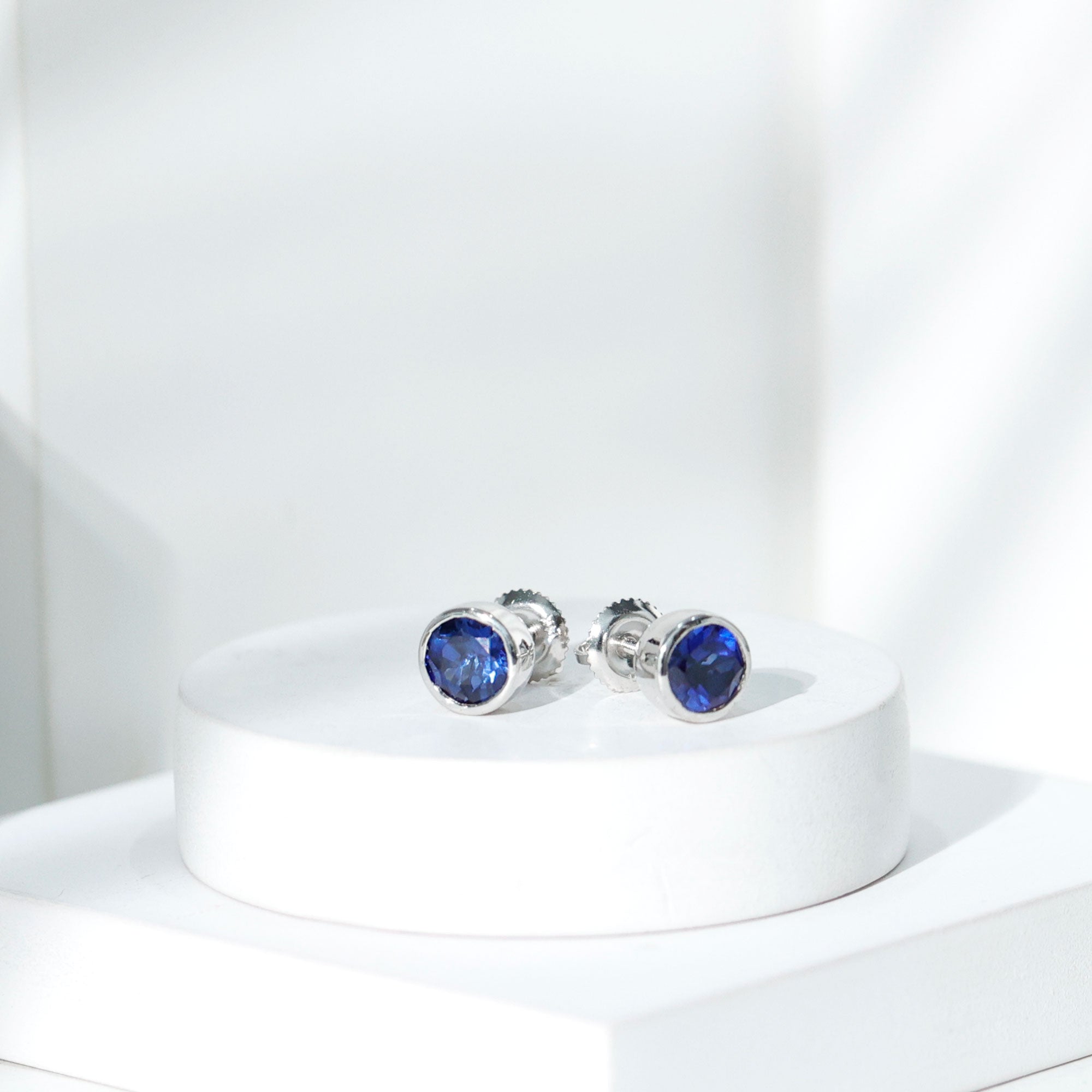 2 Carat Round Lab Created Blue Sapphire Stud Earrings in Bezel Setting AAAA - Rosec Jewels