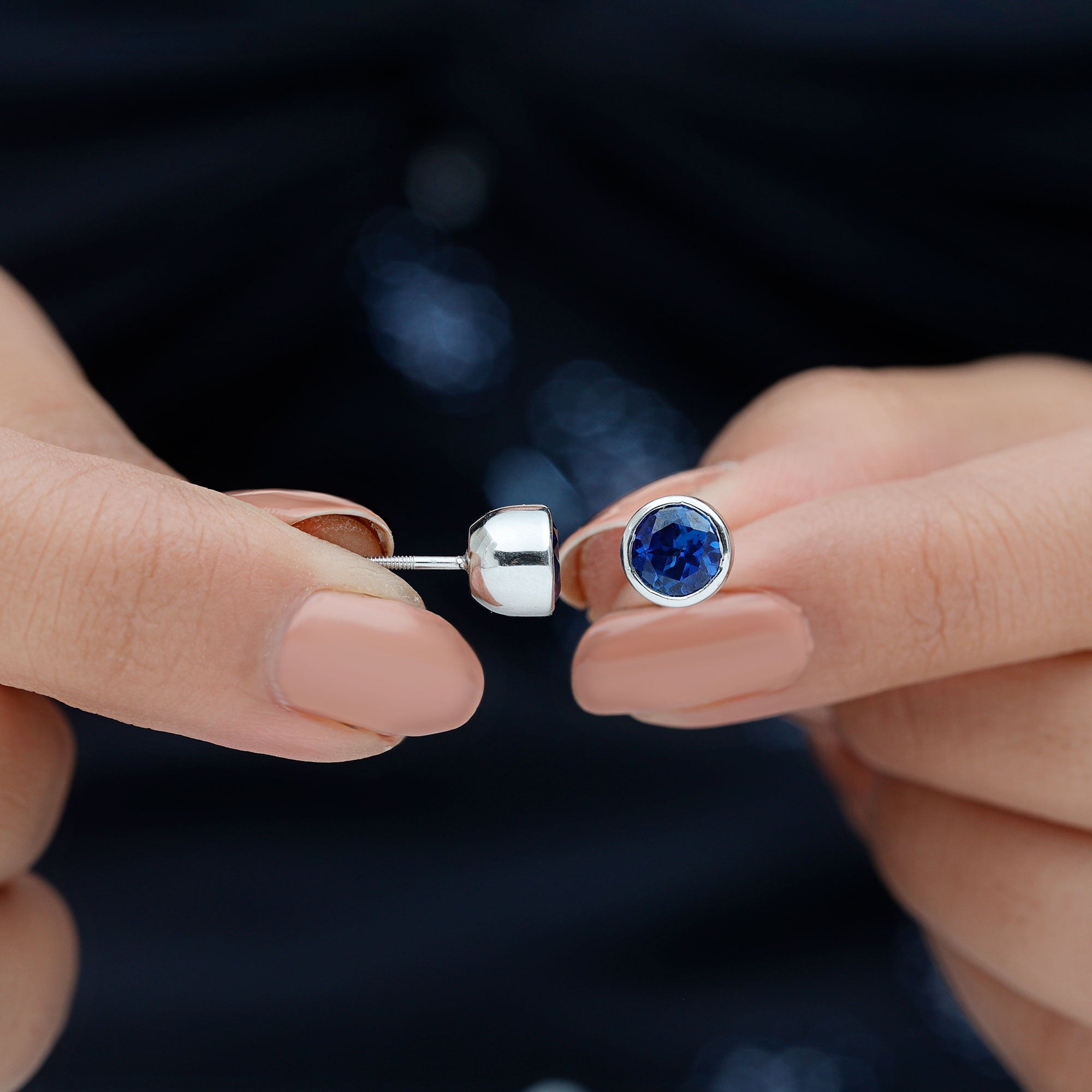 2 Carat Round Lab Created Blue Sapphire Stud Earrings in Bezel Setting AAAA - Rosec Jewels