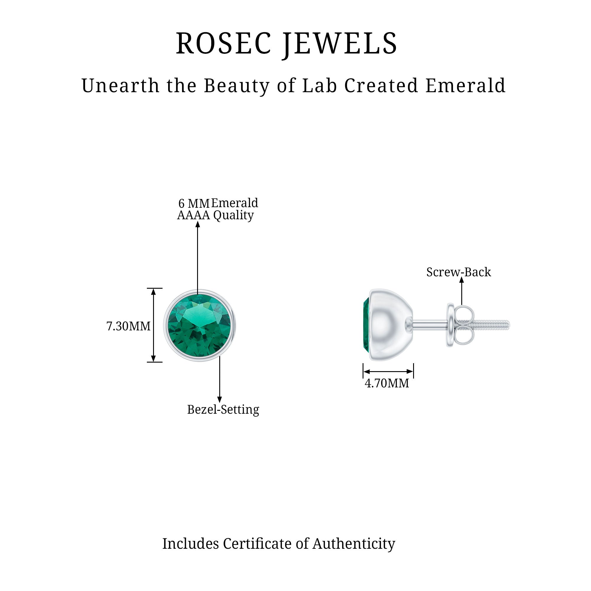 Bezel Set Lab Grown Emerald Solitaire Stud Earrings AAAA - Rosec Jewels