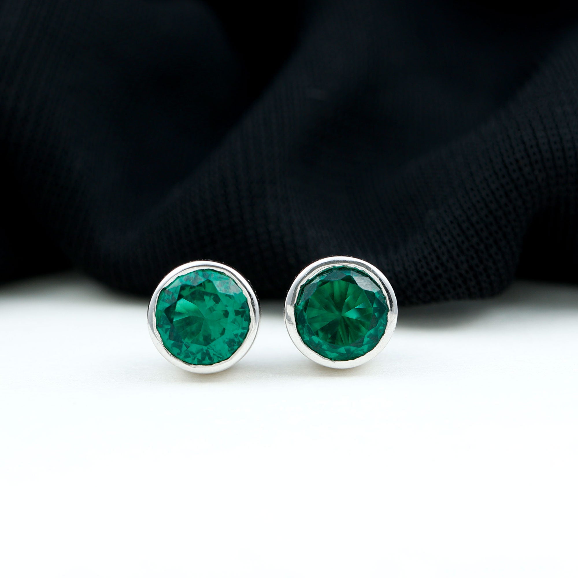 Bezel Set Lab Grown Emerald Solitaire Stud Earrings AAAA - Rosec Jewels