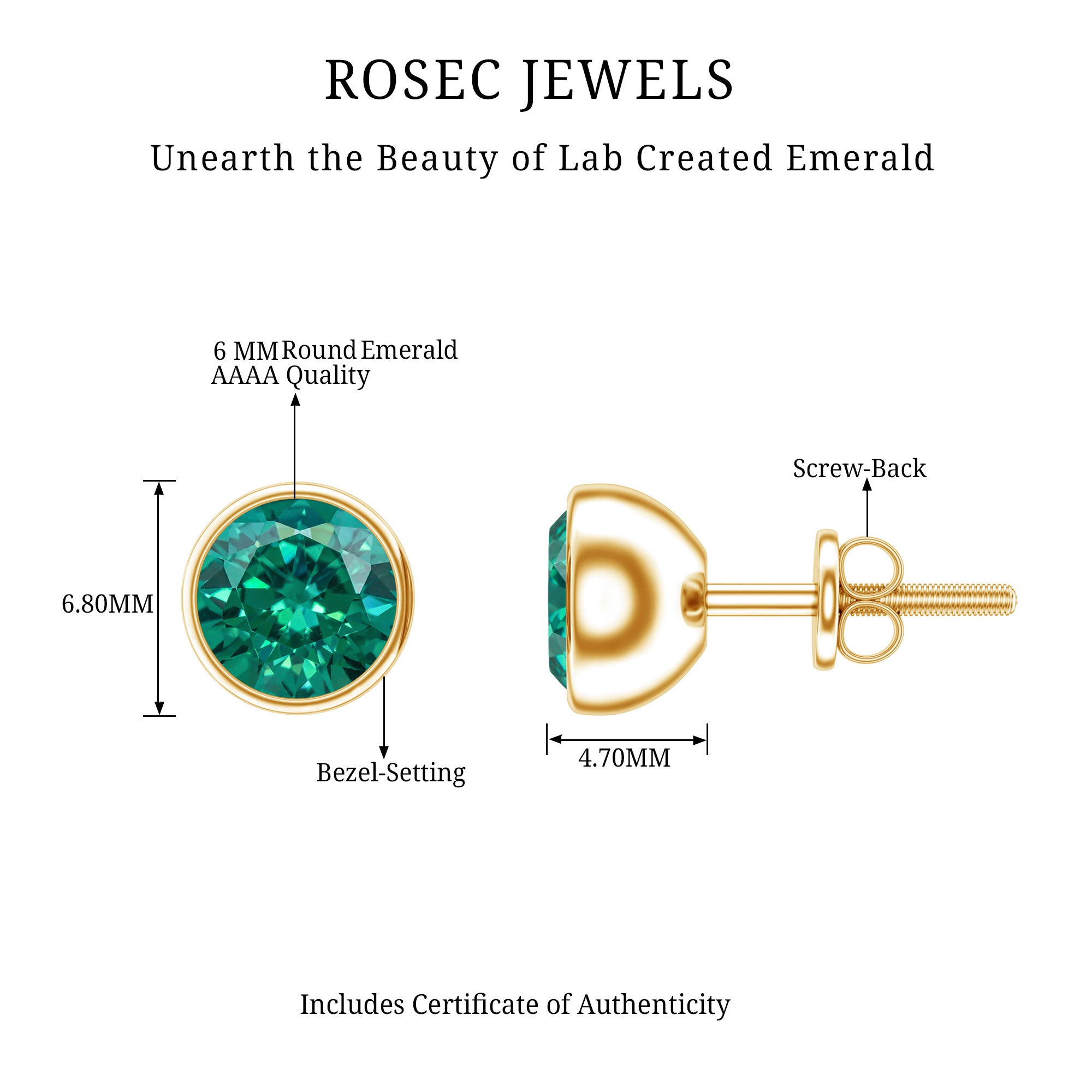 Bezel Set Lab Grown Emerald Solitaire Stud Earrings AAAA - Rosec Jewels
