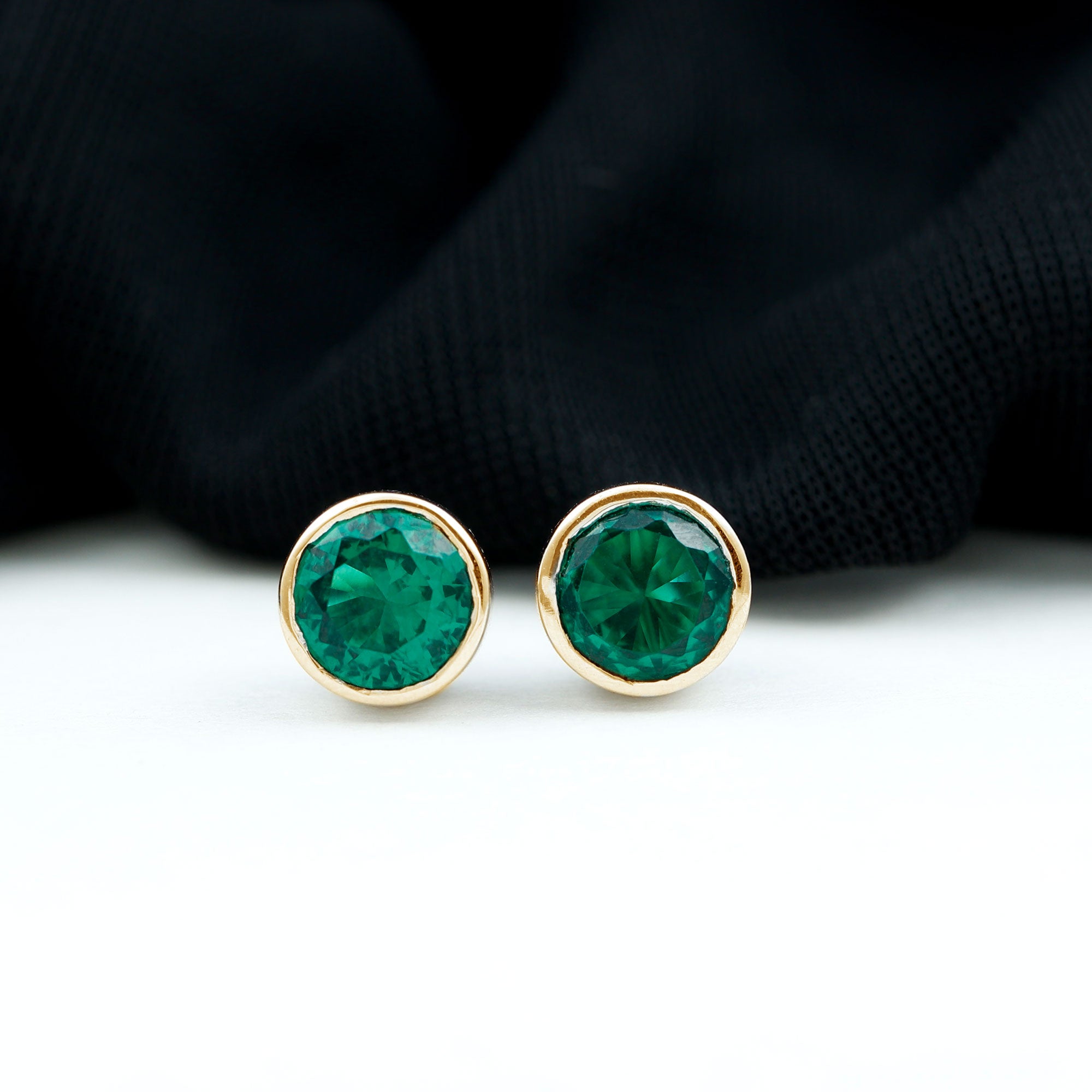 Bezel Set Lab Grown Emerald Solitaire Stud Earrings AAAA - Rosec Jewels
