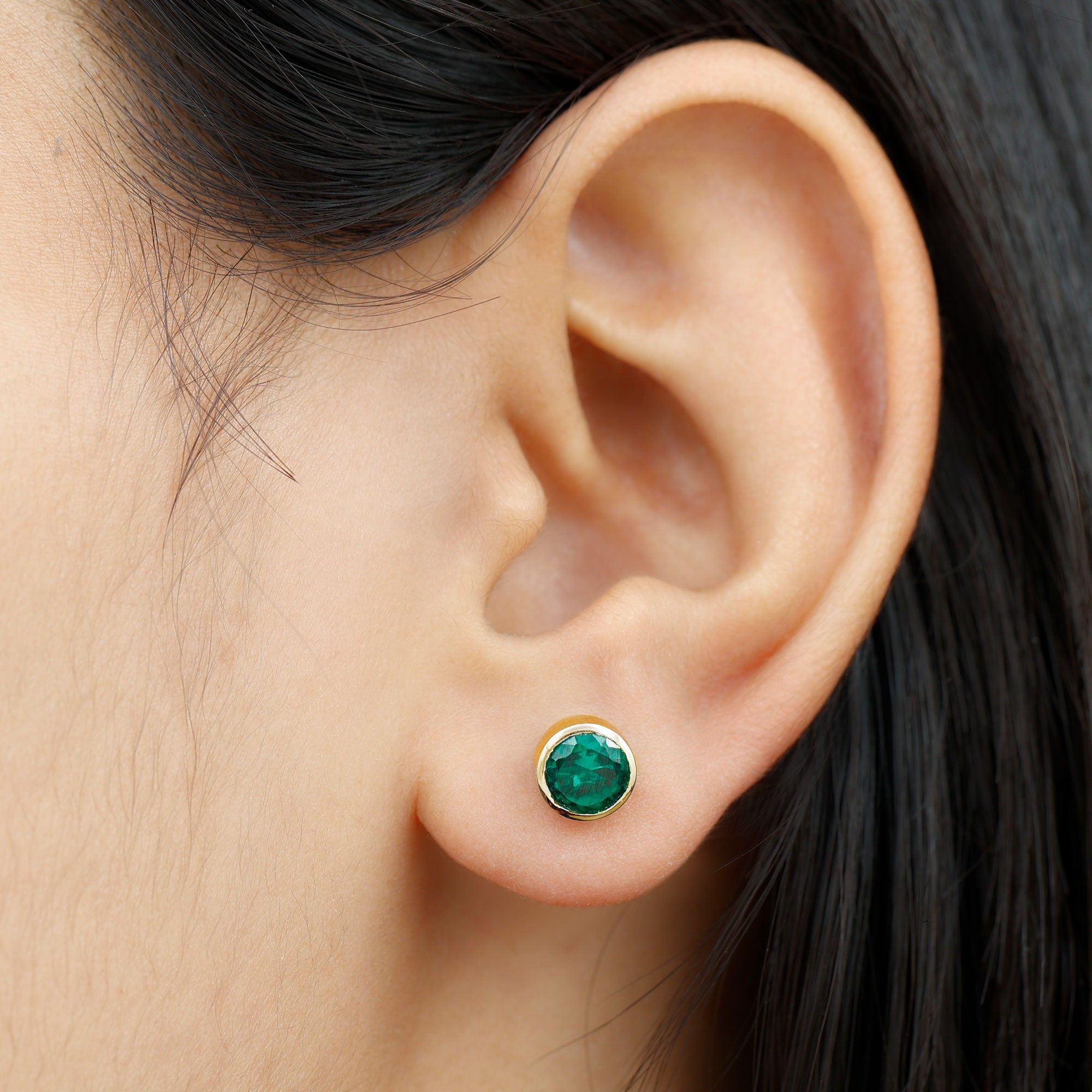 Bezel Set Lab Grown Emerald Solitaire Stud Earrings AAAA - Rosec Jewels