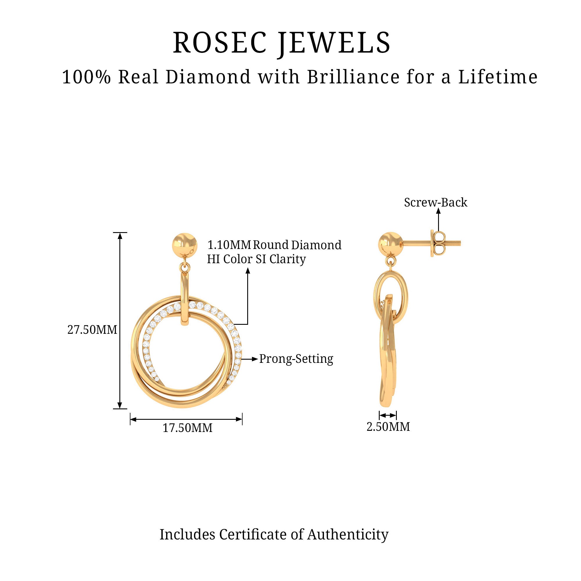 Rosec Jewels-Simple Gold Diamond Drop Earring with Screw Back Closure