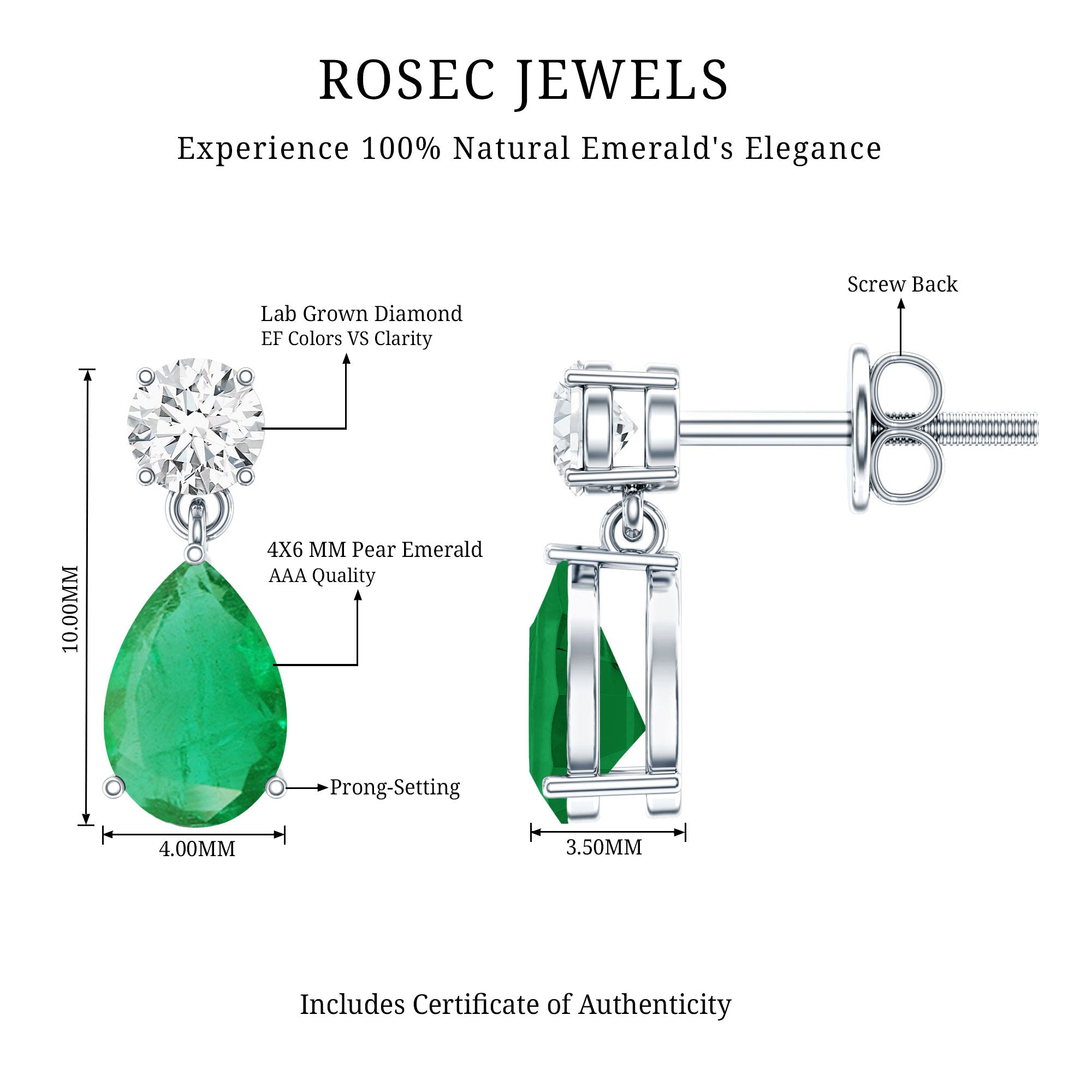 Certified Emerald and Diamond Bridal Teardrop Earrings AAA - Rosec Jewels