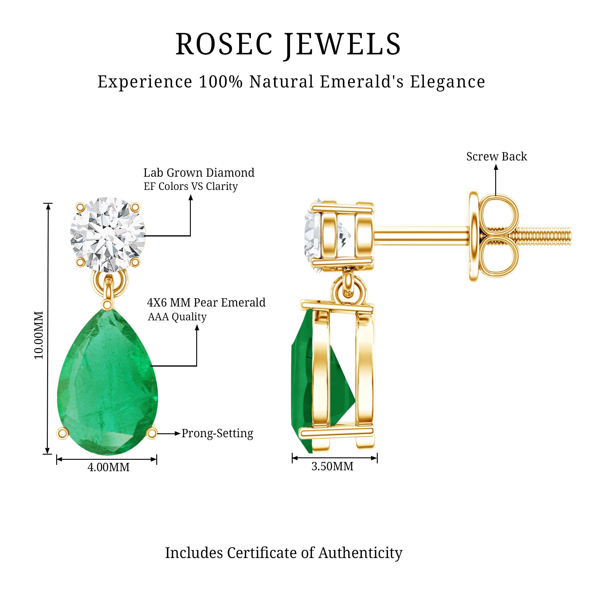 Certified Emerald and Diamond Bridal Teardrop Earrings AAA - Rosec Jewels