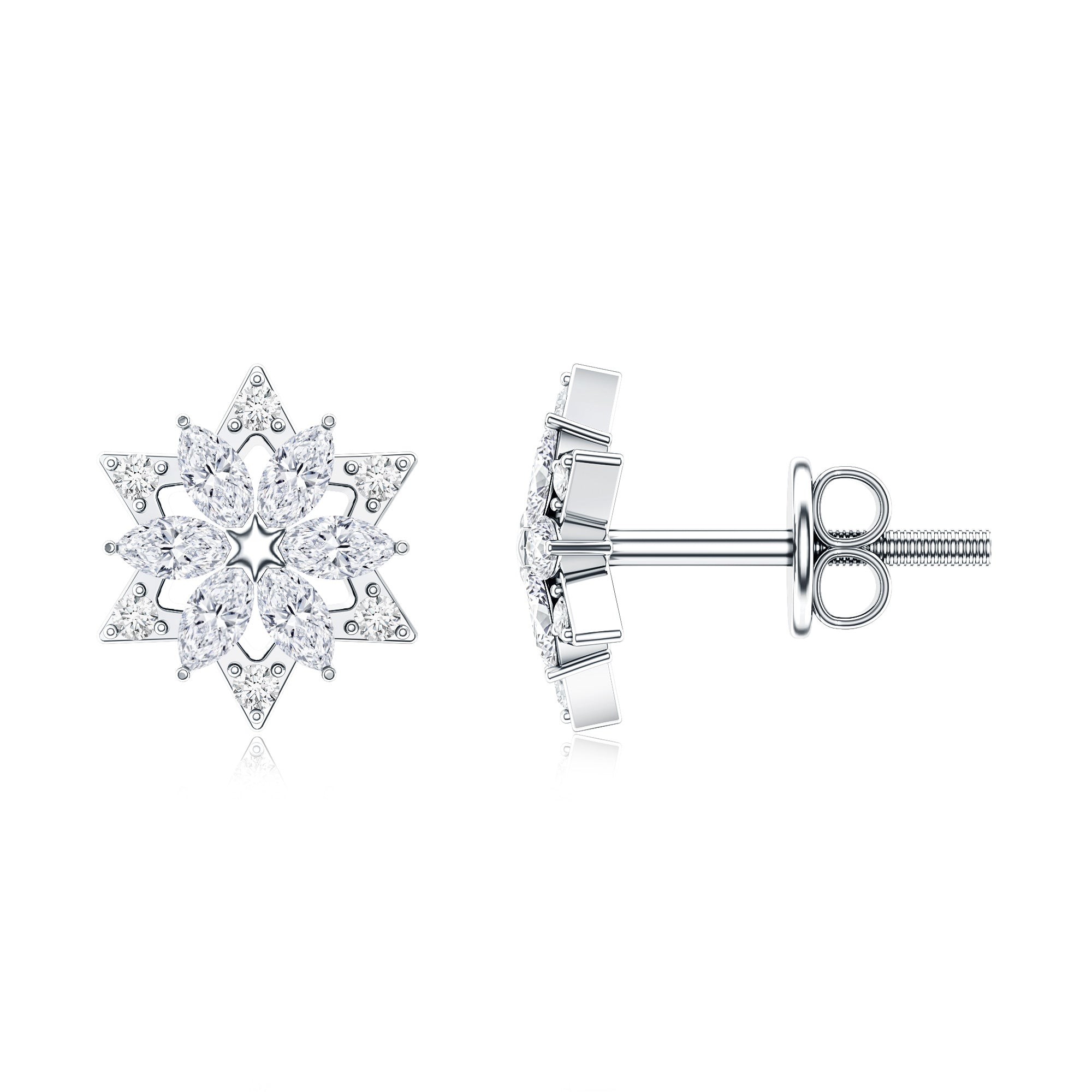 Round Diamond Flower Stud Earrings With Screw Back Natural - ( HI-SI ) - Rosec Jewels