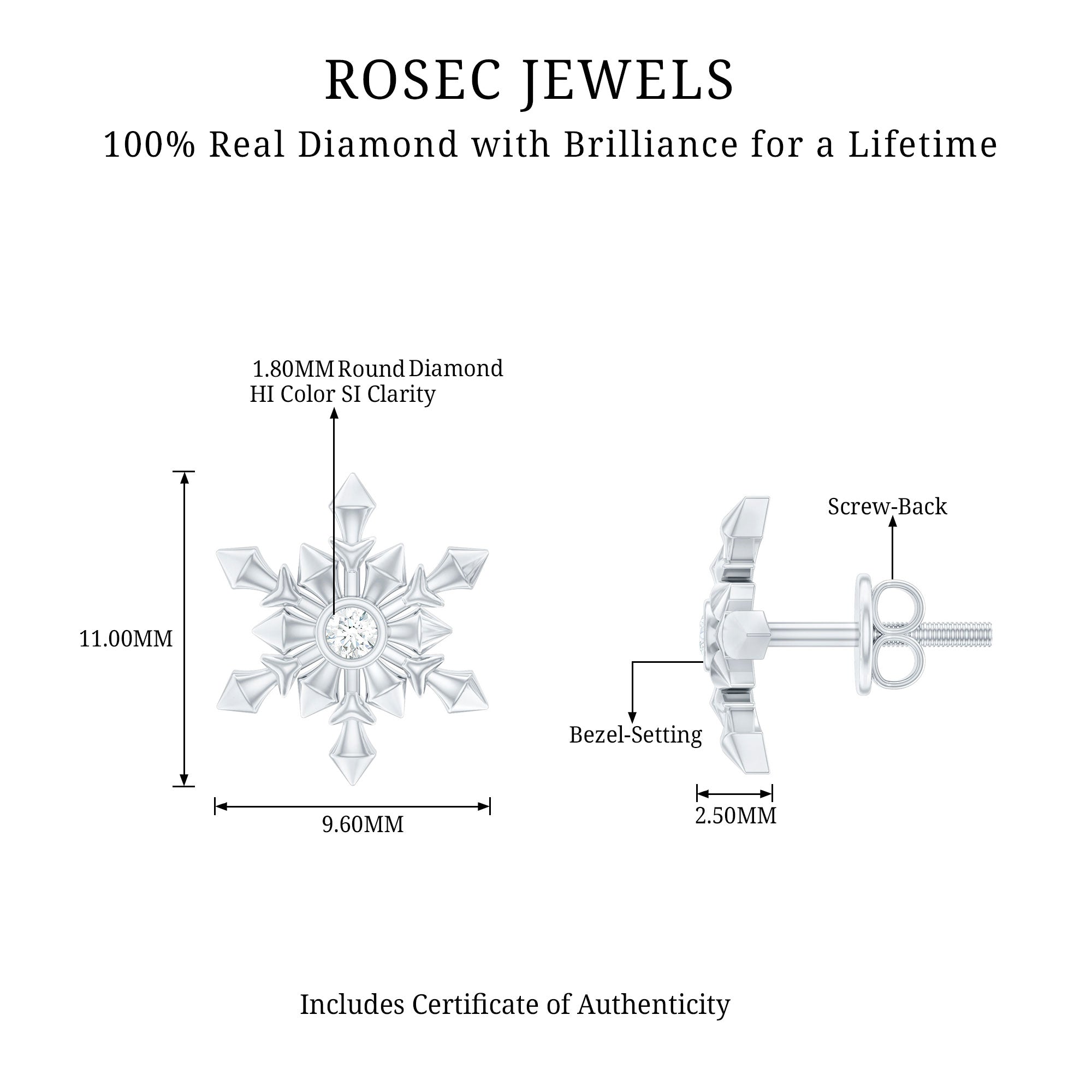 Bezel Set Diamond Snowflake Stud Earrings Natural - ( HI-SI ) - Rosec Jewels