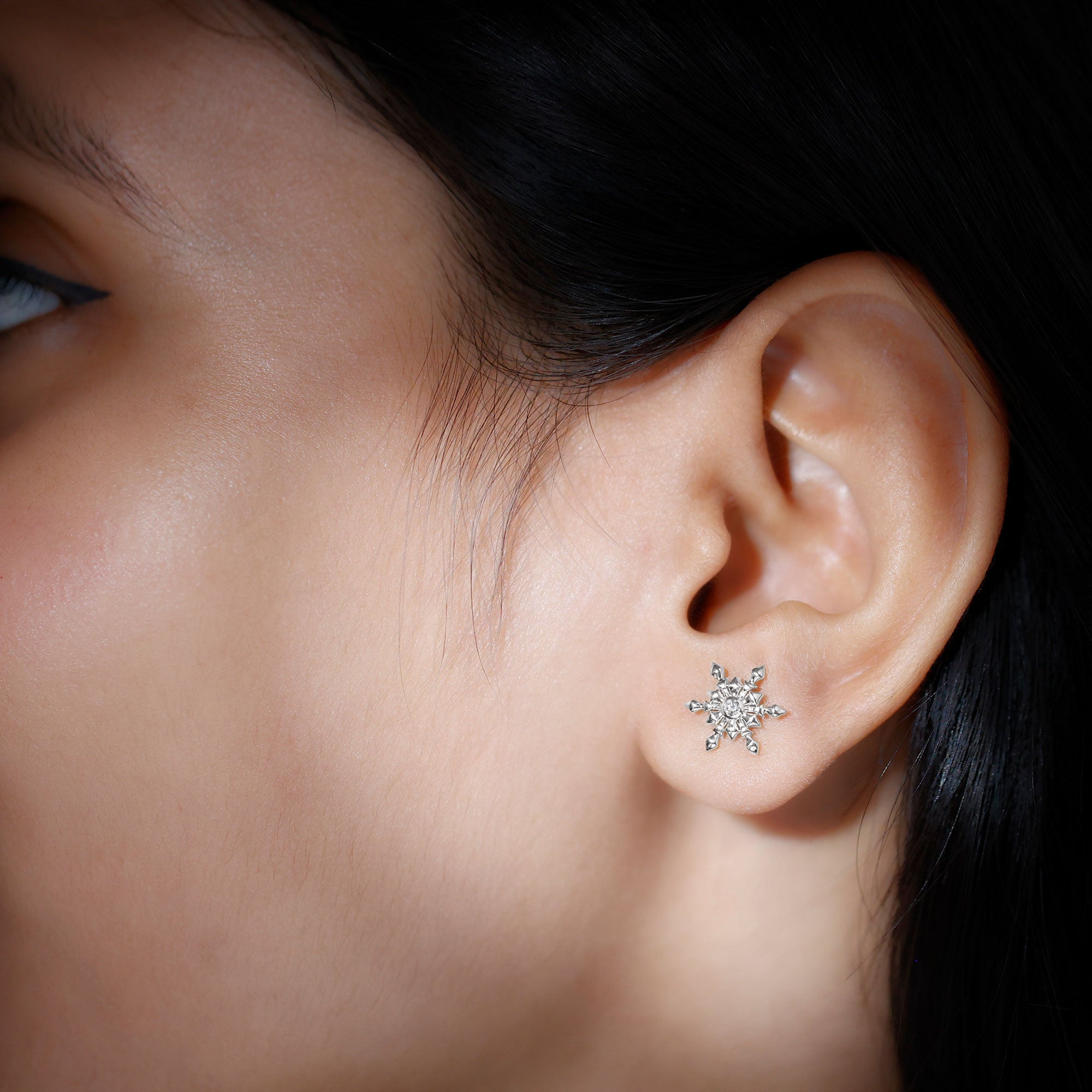 Bezel Set Diamond Snowflake Stud Earrings Natural - ( HI-SI ) - Rosec Jewels