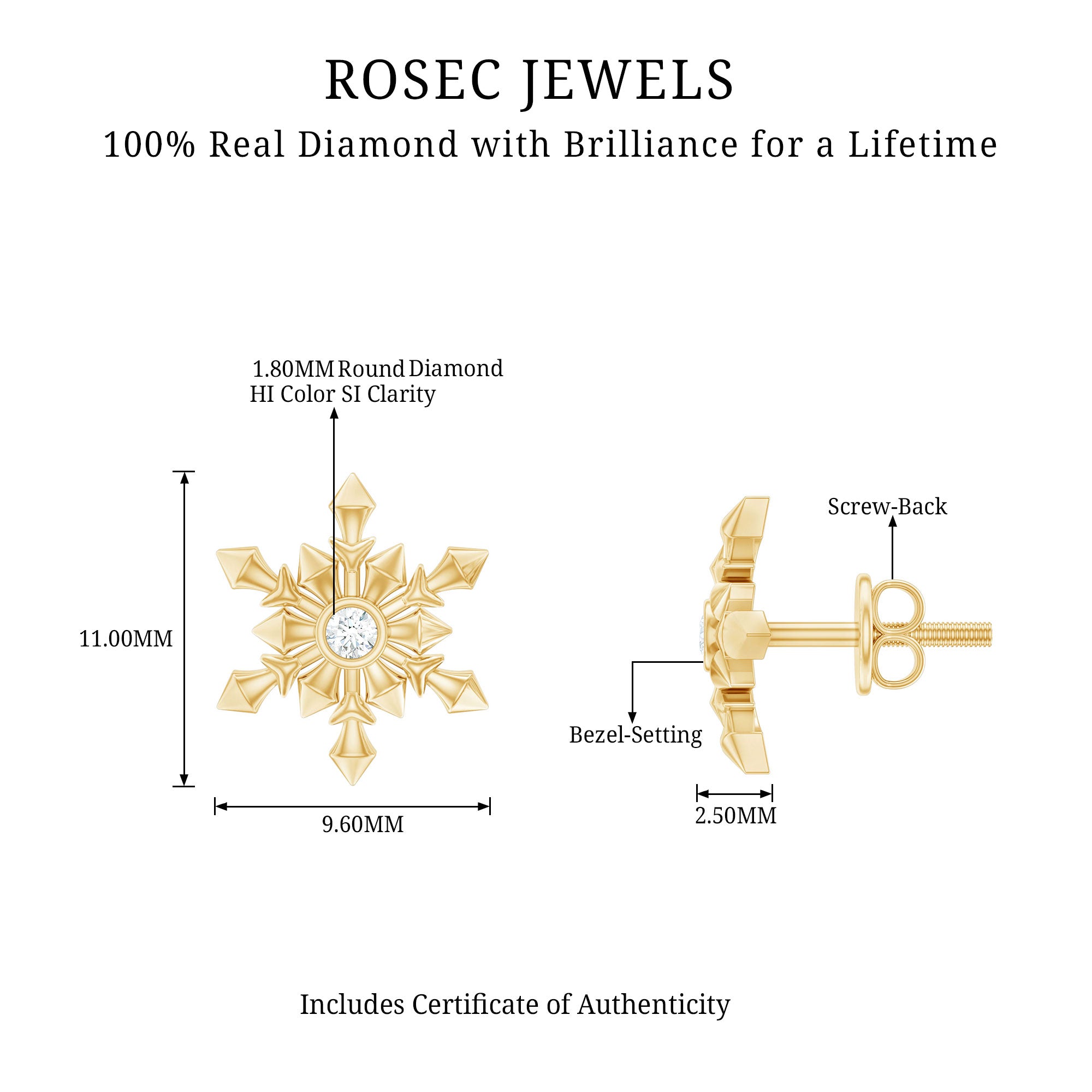 Bezel Set Diamond Snowflake Stud Earrings Natural - ( HI-SI ) - Rosec Jewels