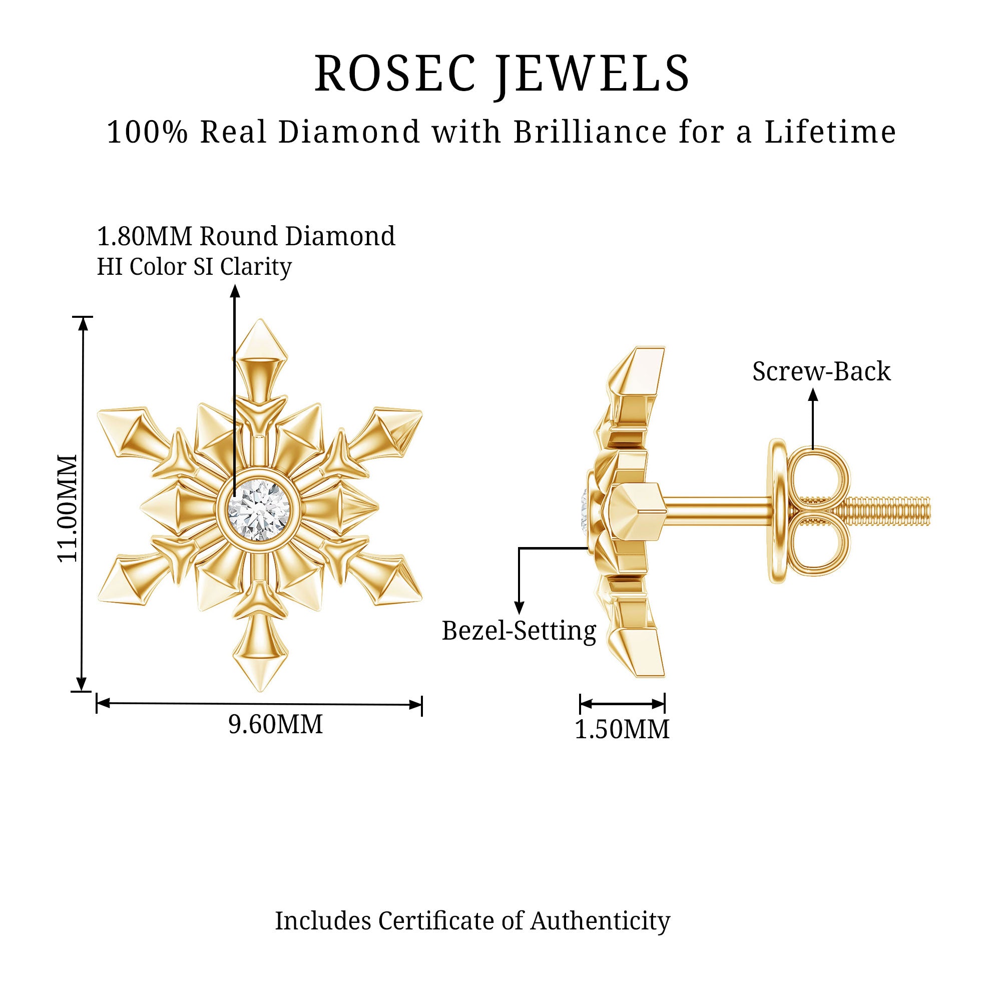 Bezel Set Diamond Snowflake Stud Earrings Natural - ( HI-SI ) - Rosec Jewels