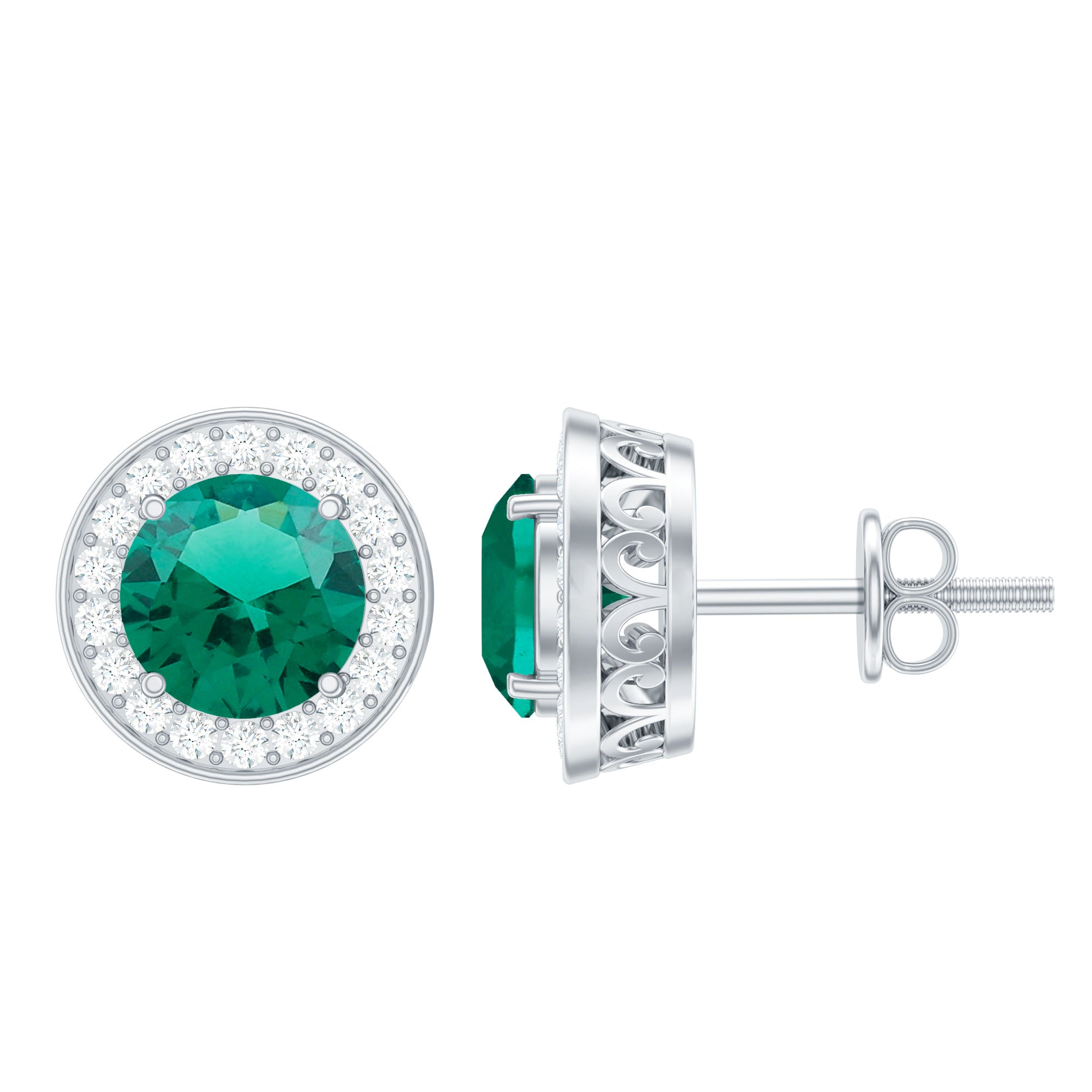 Lab Created Emerald and Diamond Wedding Stud Earrings AAAA - Rosec Jewels