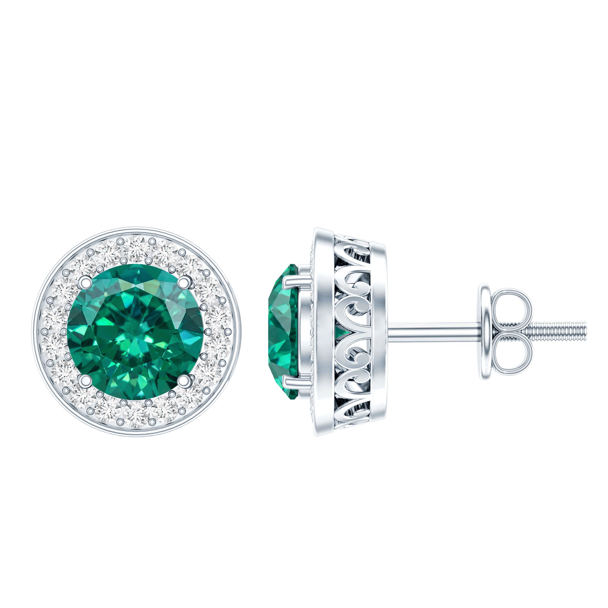 Lab Created Emerald and Diamond Wedding Stud Earrings AAAA - Rosec Jewels