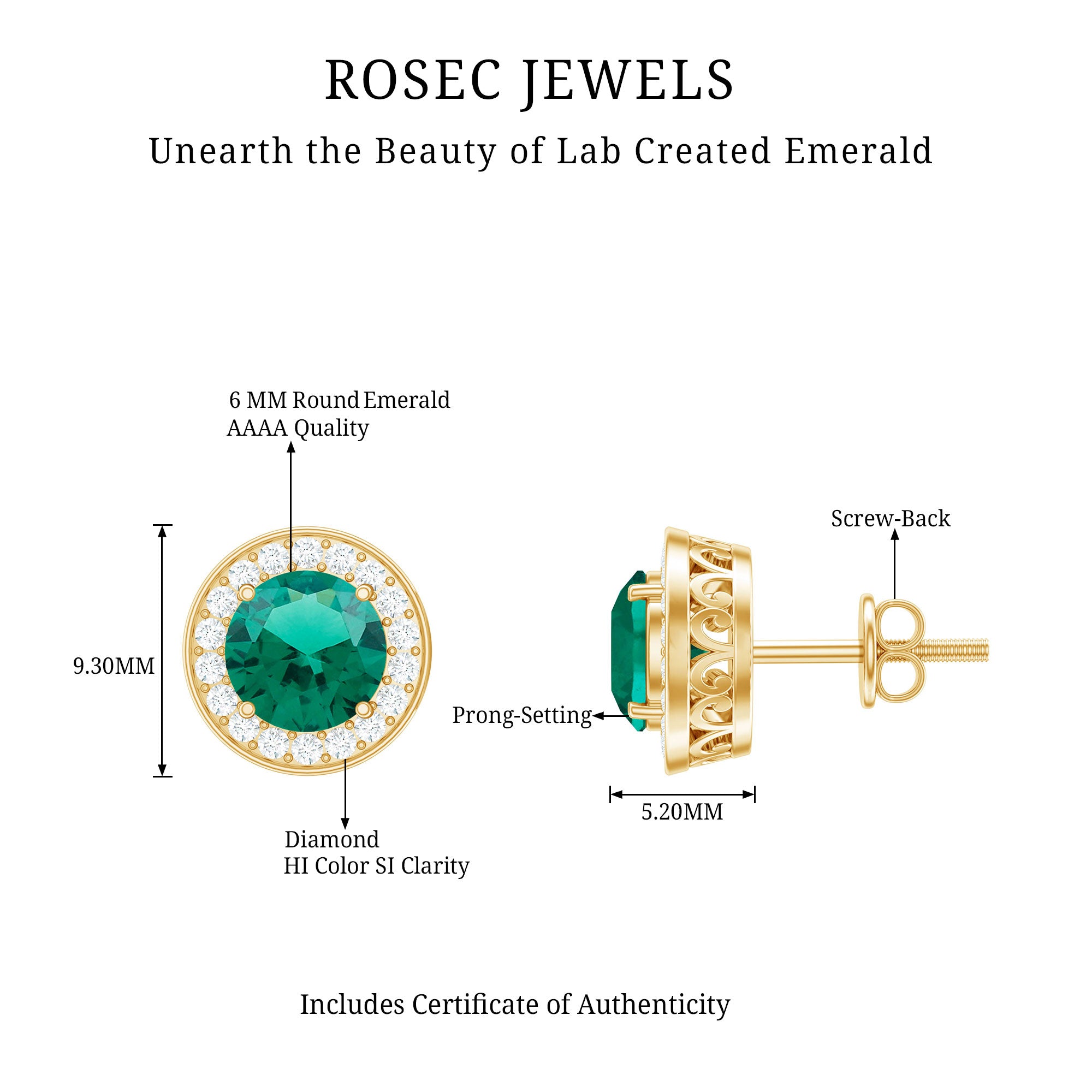Lab Created Emerald and Diamond Wedding Stud Earrings AAAA - Rosec Jewels