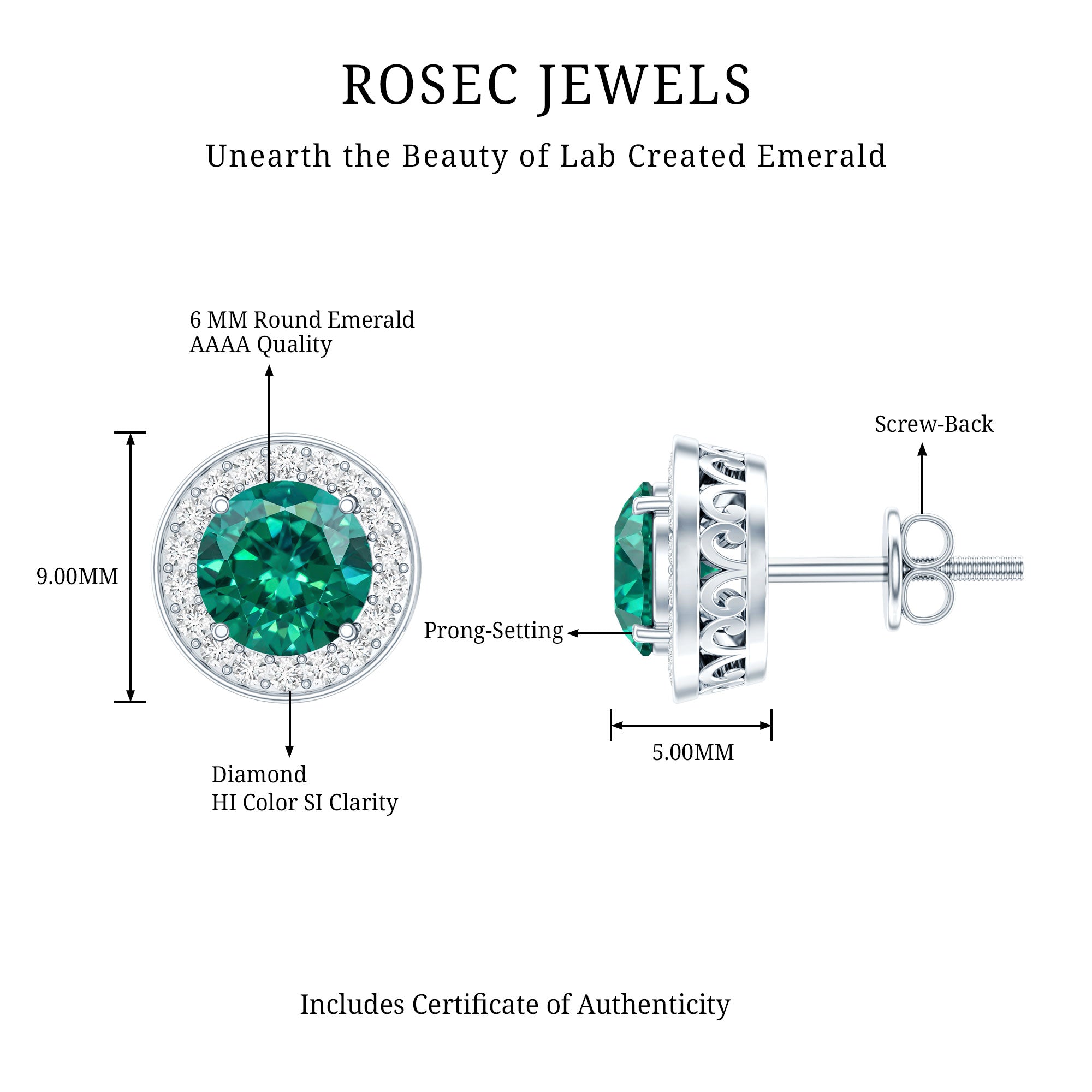 Lab Created Emerald and Diamond Wedding Stud Earrings AAAA - Rosec Jewels