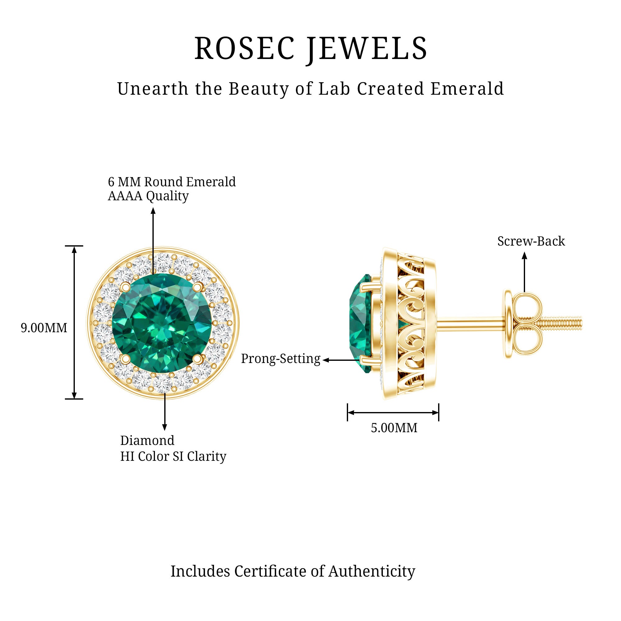 Lab Created Emerald and Diamond Wedding Stud Earrings AAAA - Rosec Jewels