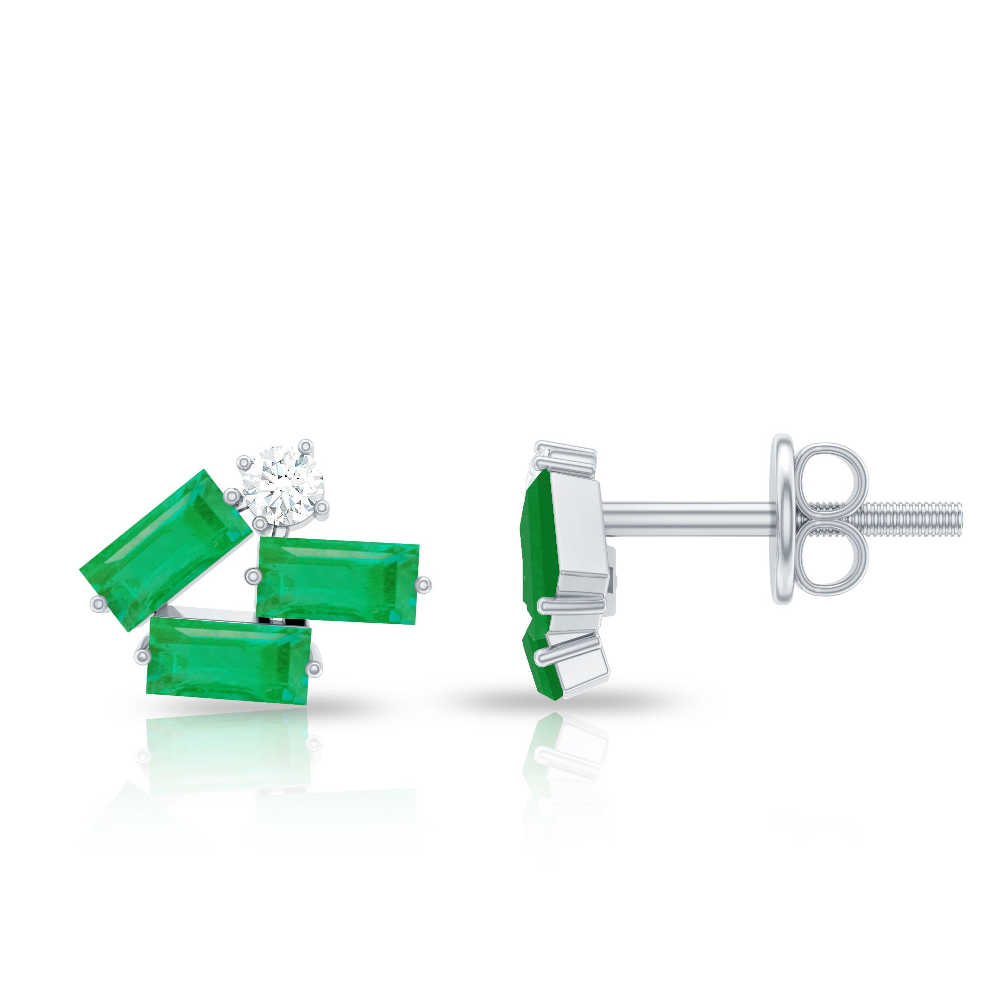 Baguette Cut Emerald and Diamond Cluster Stud Earrings AAA - Rosec Jewels