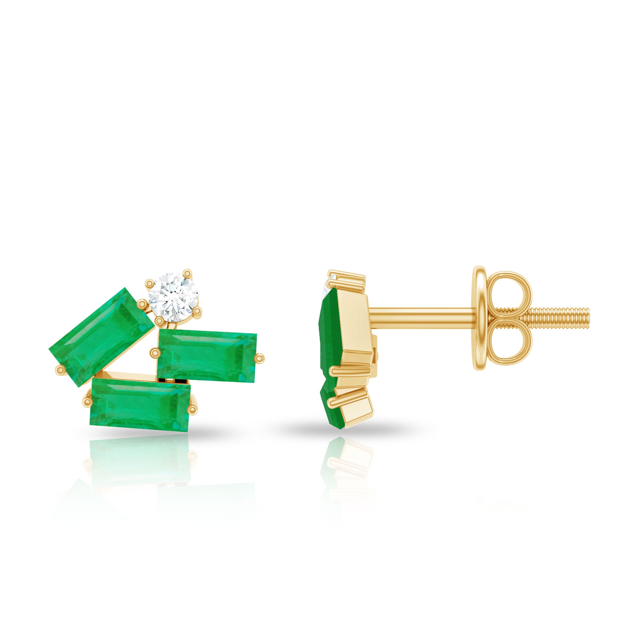 Baguette Cut Emerald and Diamond Cluster Stud Earrings AAA - Rosec Jewels