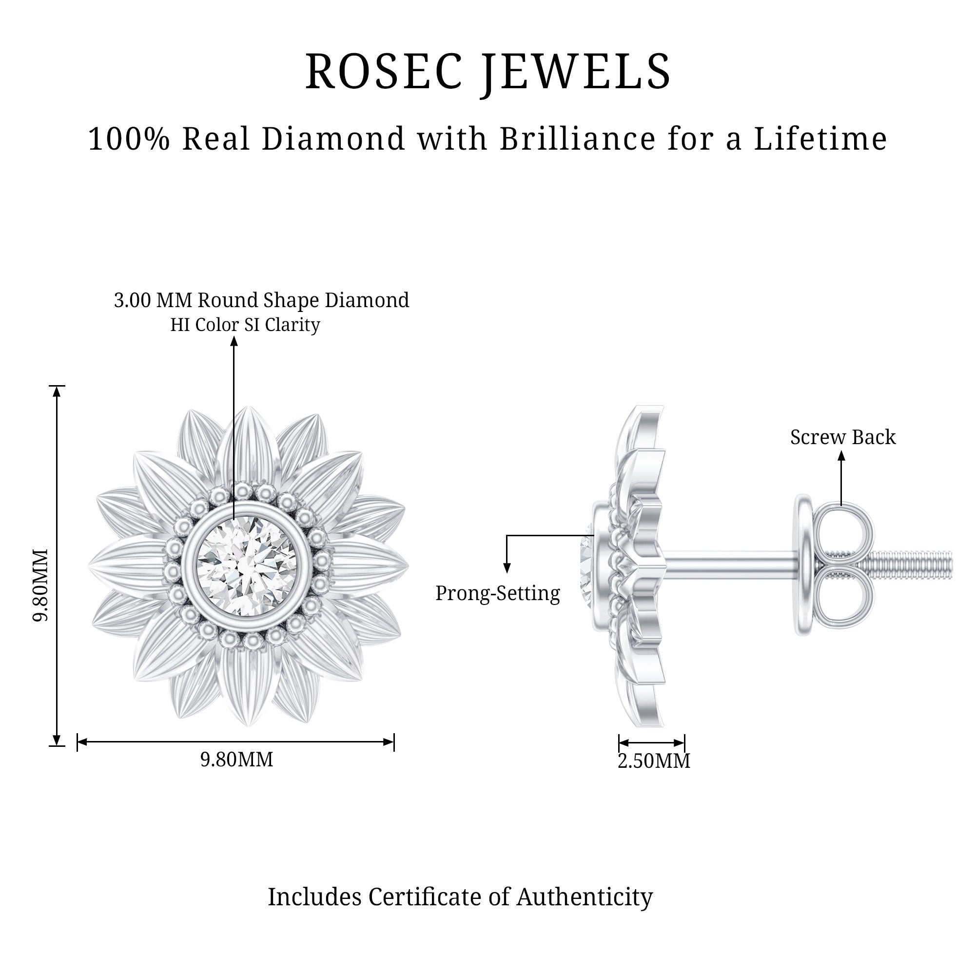 Diamond Sunflower Stud Earrings For Her Natural - ( HI-SI ) - Rosec Jewels