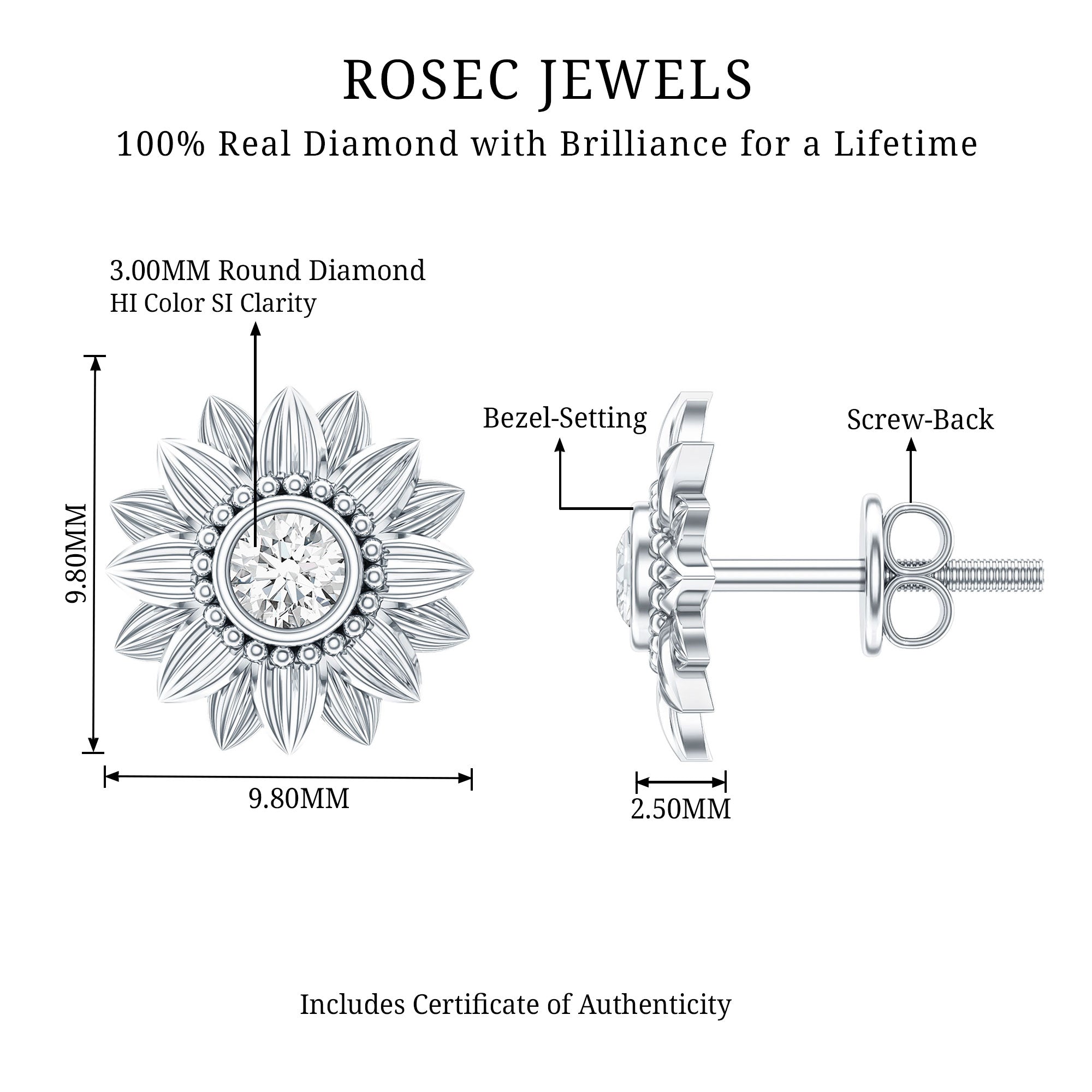 Diamond Sunflower Stud Earrings For Her Natural - ( HI-SI ) - Rosec Jewels