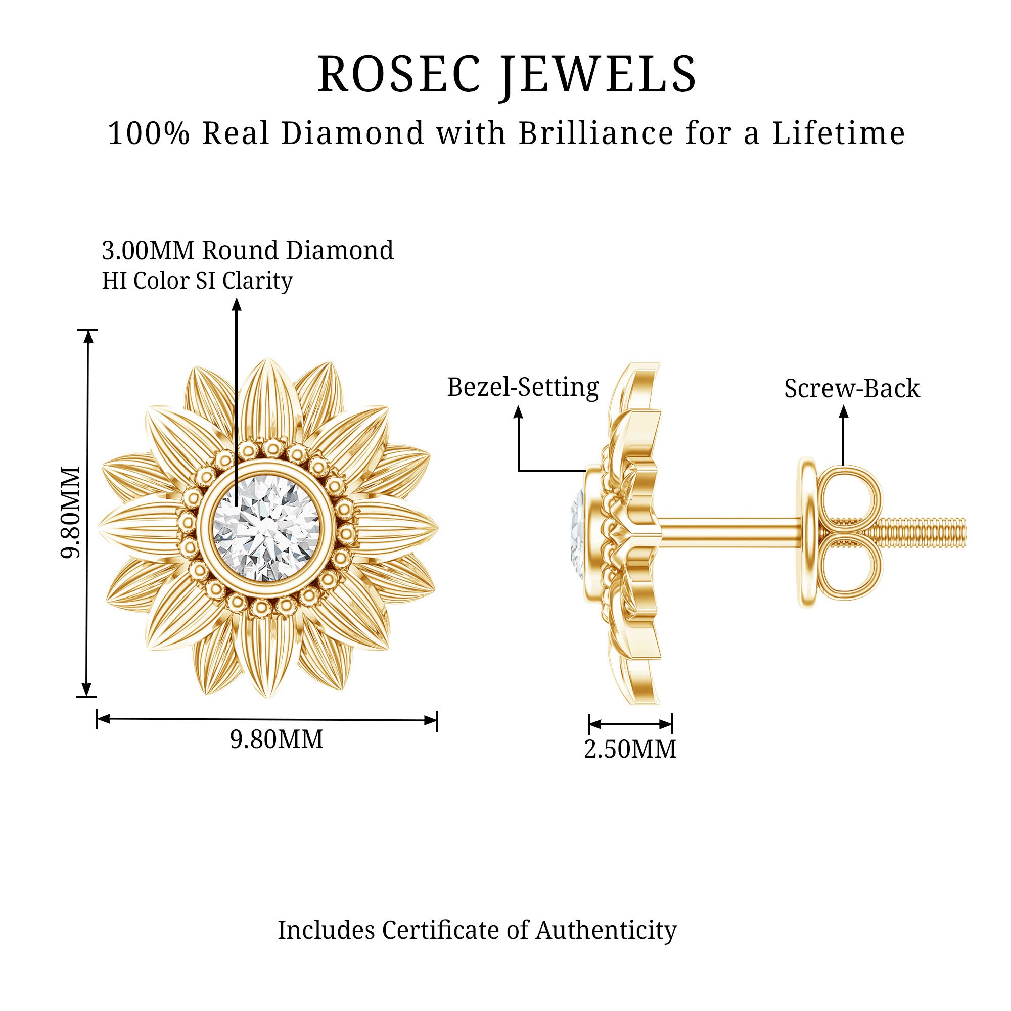 Diamond Sunflower Stud Earrings For Her Natural - ( HI-SI ) - Rosec Jewels