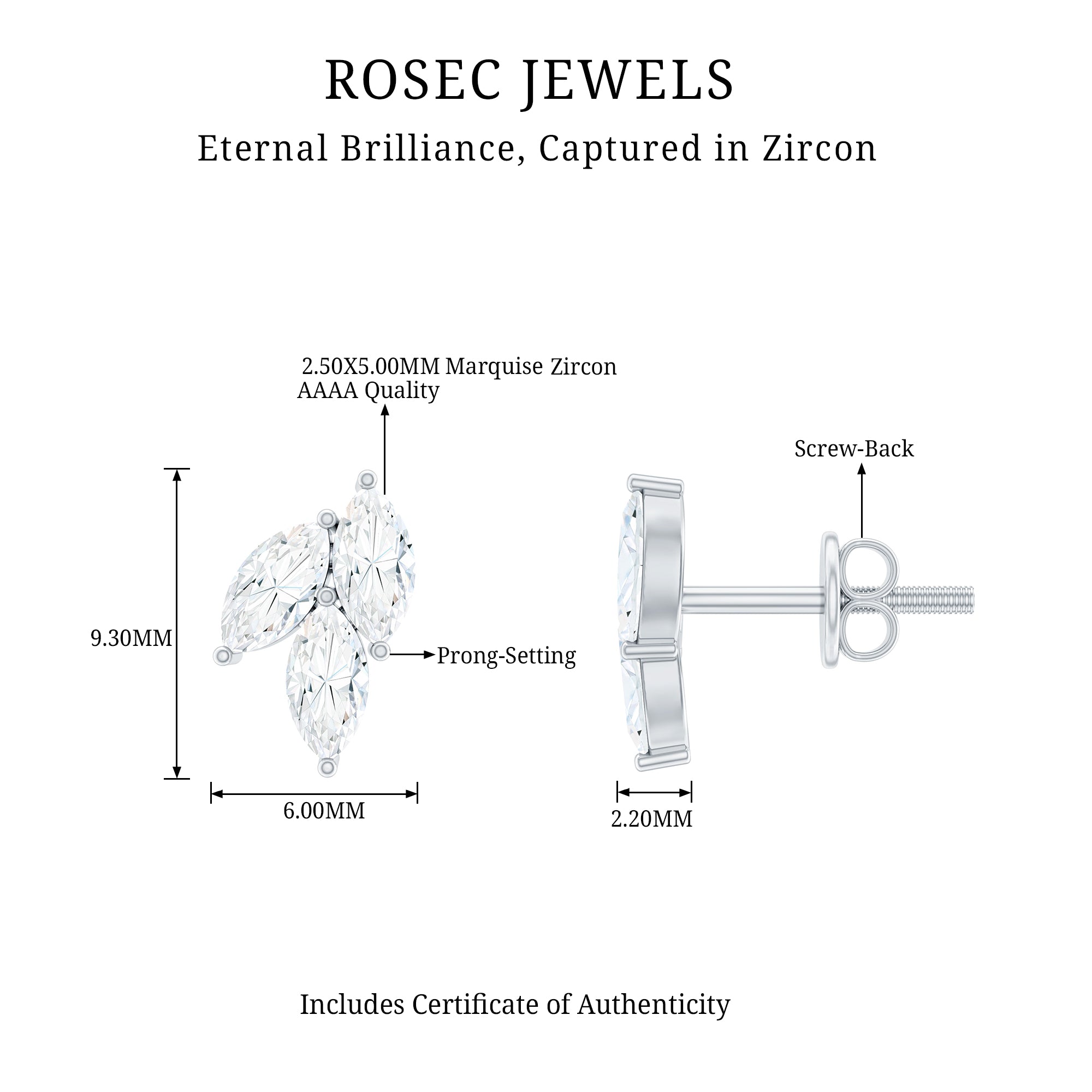 Nature Inspired 1 Carat Marquise Cut Zircon Leaf Stud Earrings AAAA - Rosec Jewels