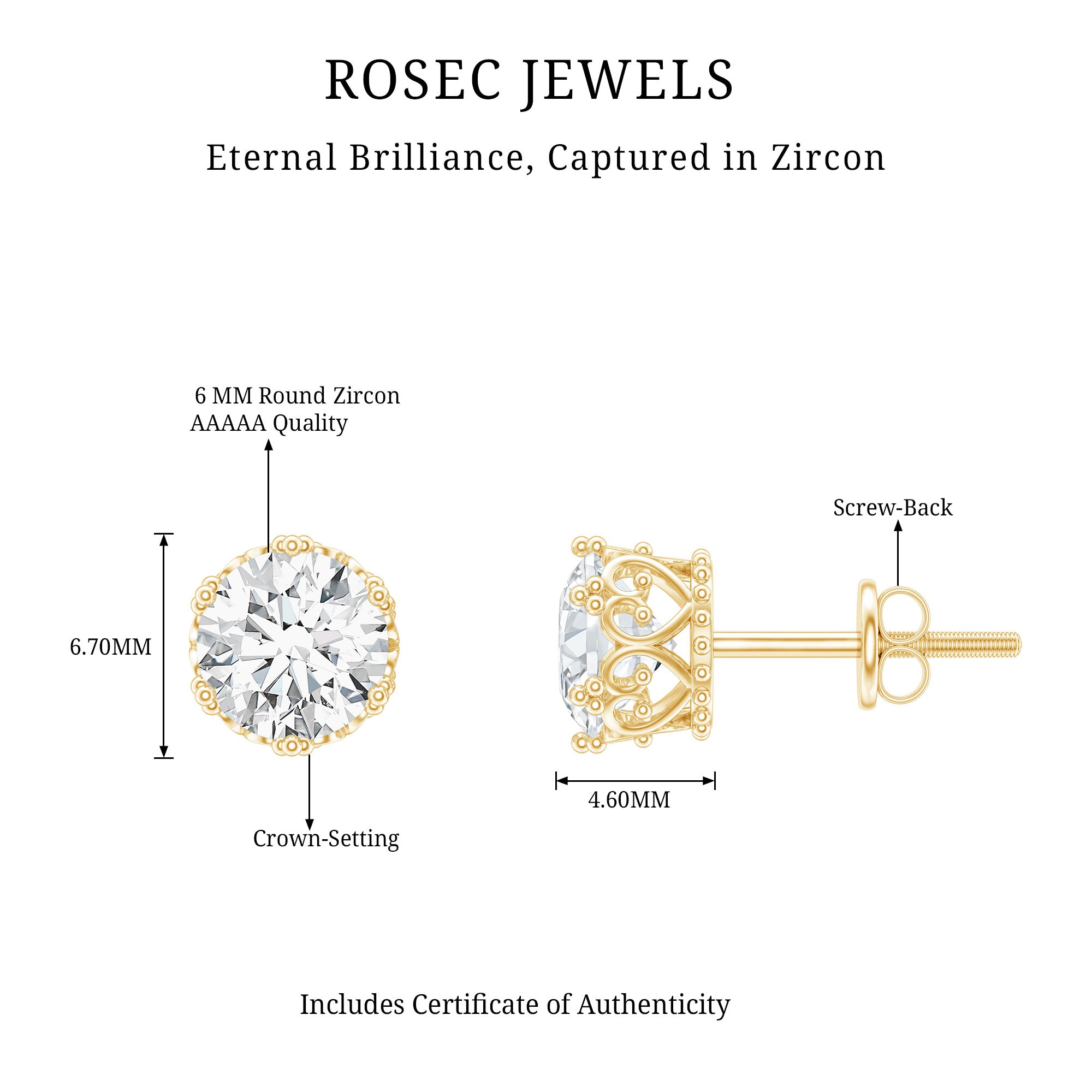 2 CT Round Cut Zircon Solitaire Stud Earrings in Crown Setting AAAAA - Rosec Jewels