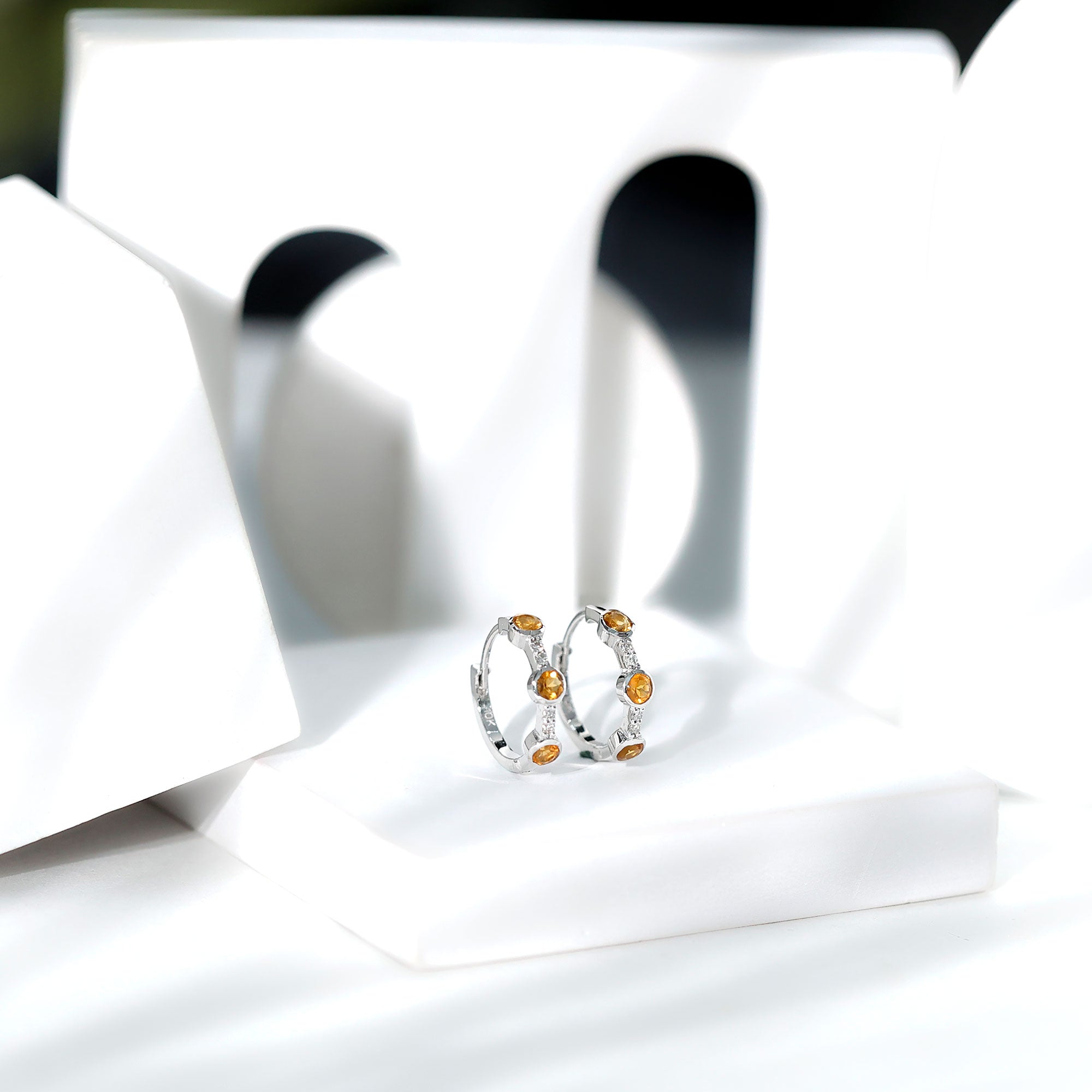 Bezel Set Citrine Hinged Hoop Earrings with Diamond AAA - Rosec Jewels