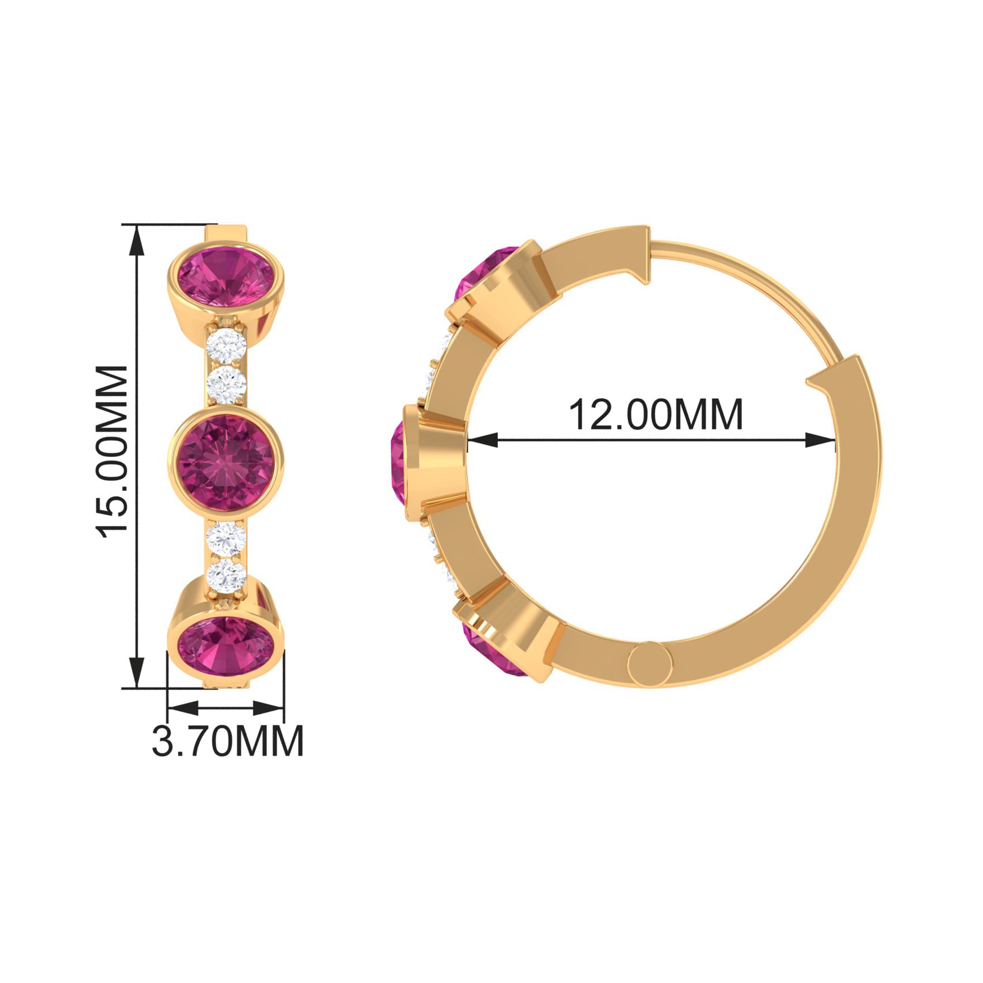 Bezel Set Pink Tourmaline Hinged Hoop Earrings with Diamond AAA - Rosec Jewels