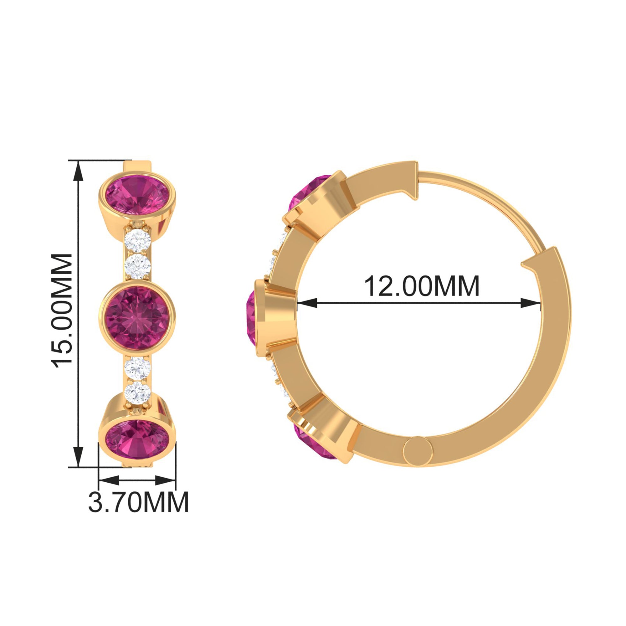 Bezel Set Pink Tourmaline Hinged Hoop Earrings with Diamond AAA - Rosec Jewels