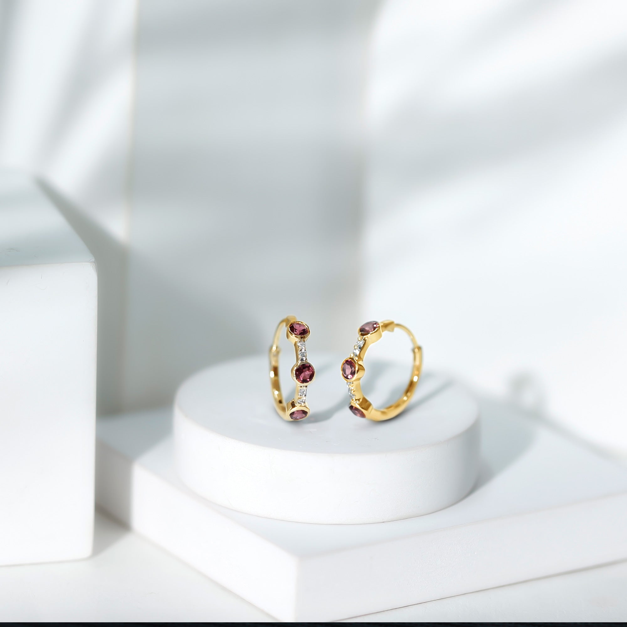 Bezel Set Pink Tourmaline Hinged Hoop Earrings with Diamond AAA - Rosec Jewels