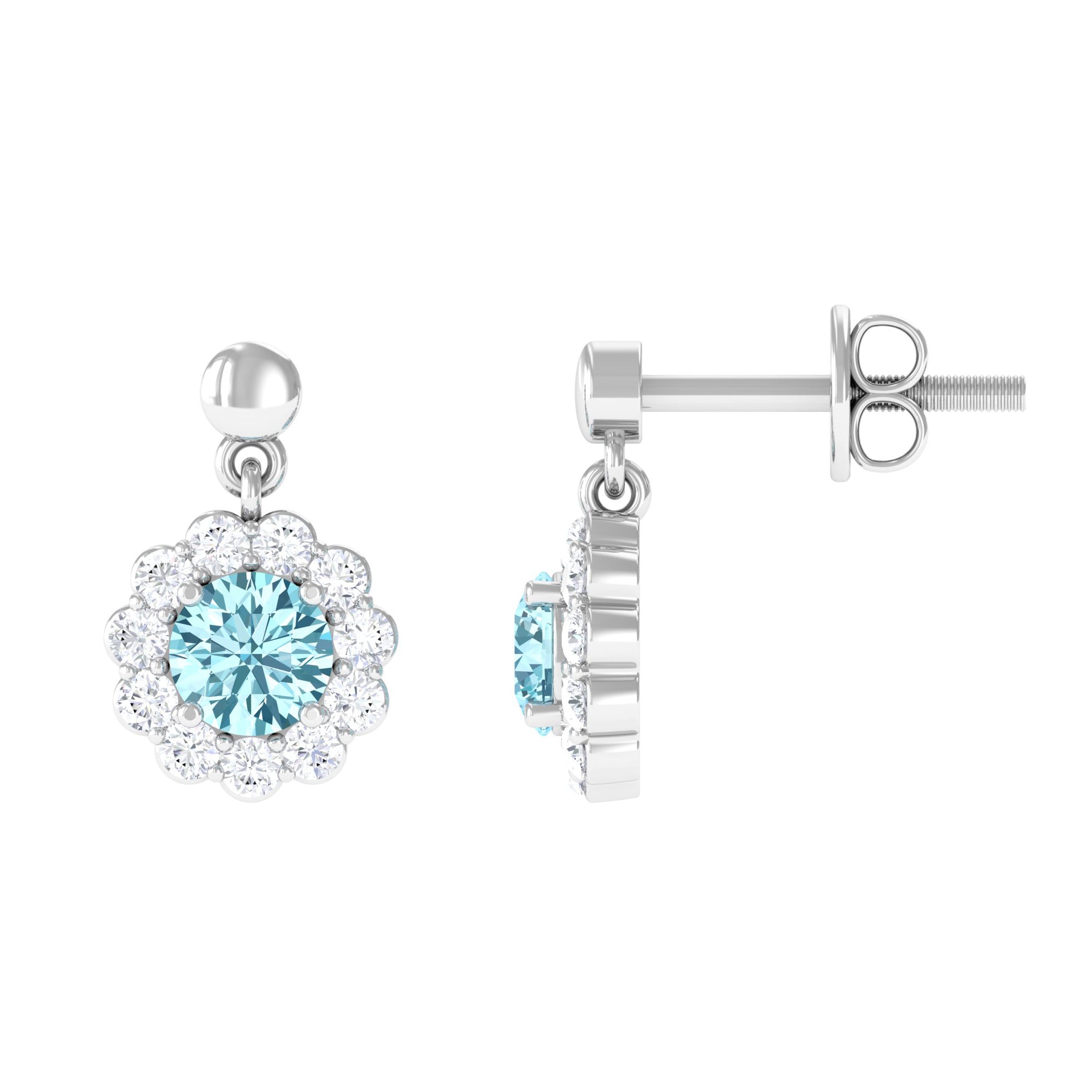 1 CT Real Aquamarine and Diamond Flower Halo Drop Earrings
