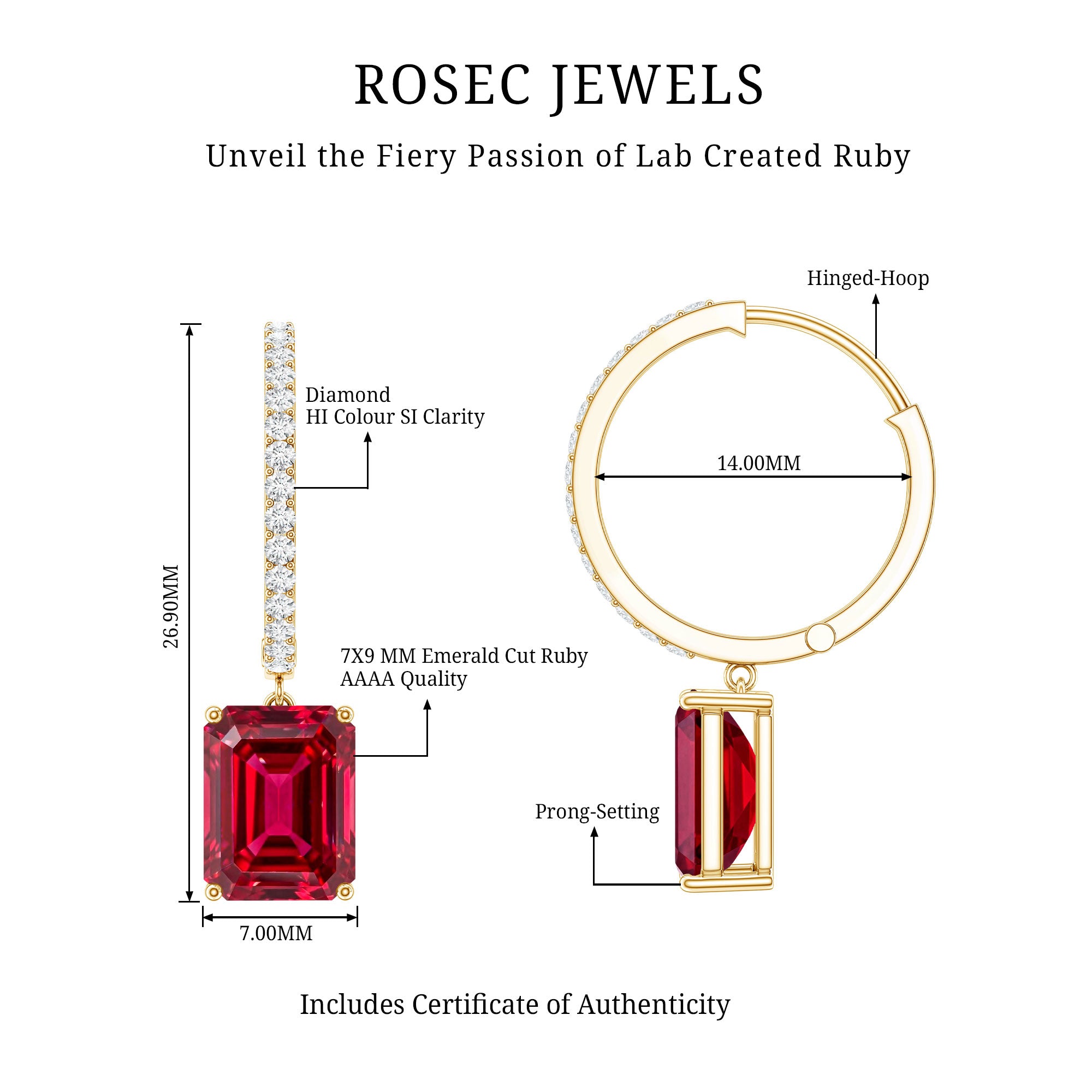 Emerald Cut Lab Created Ruby and Diamond Hoop Drop Earrings AAAA - Rosec Jewels