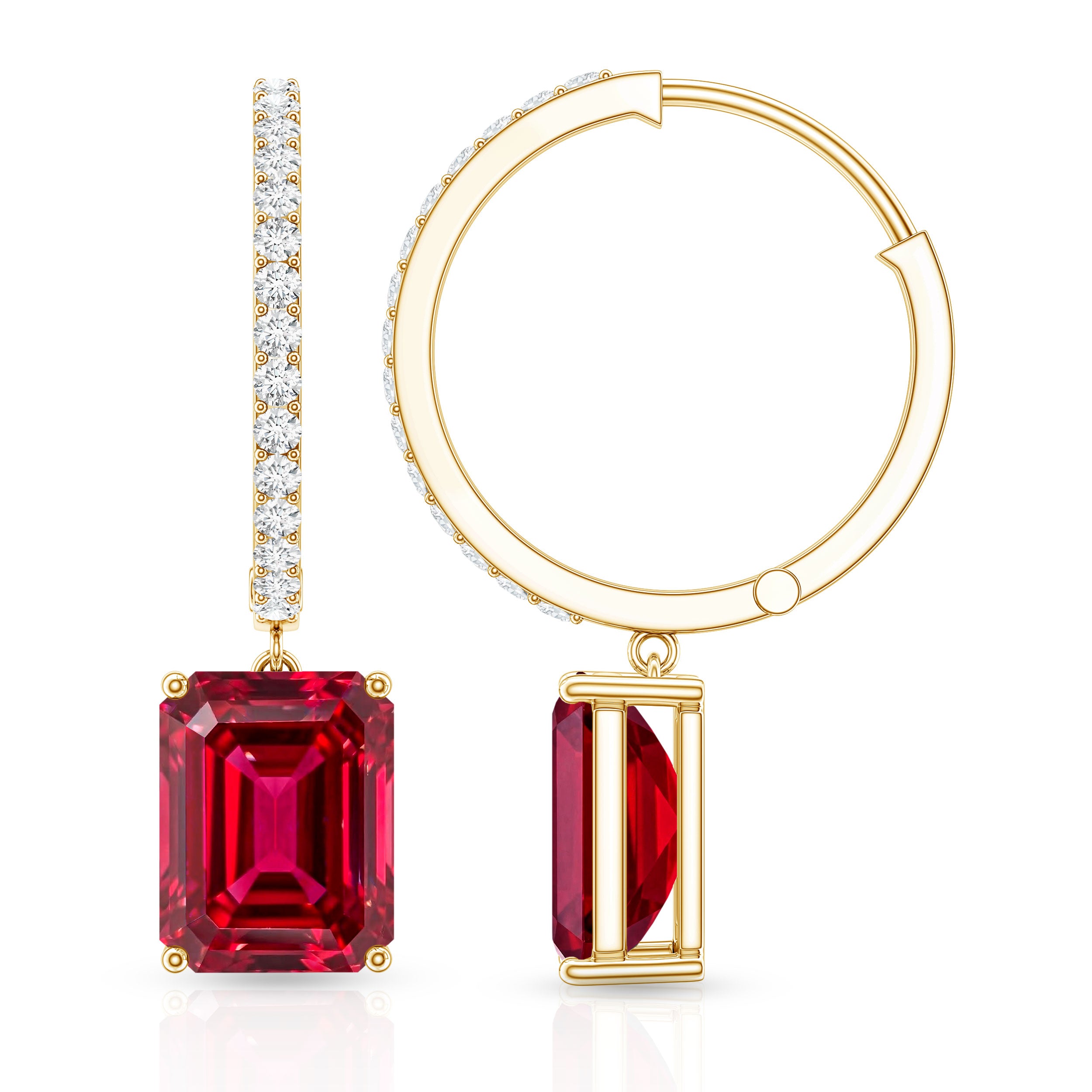 Emerald Cut Lab Created Ruby and Diamond Hoop Drop Earrings AAAA - Rosec Jewels