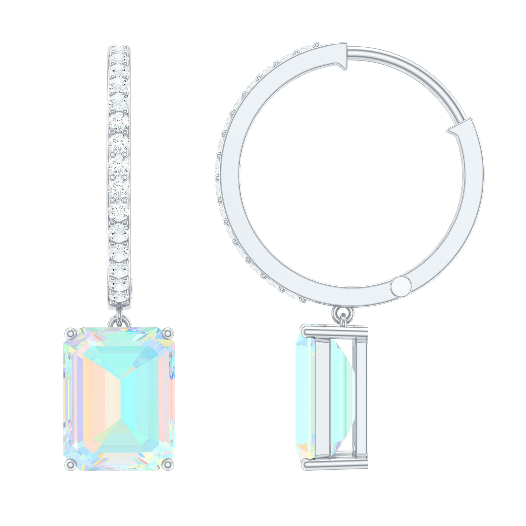 Genuine Emerald Cut Ethiopian Opal Drop Hoop Earrings