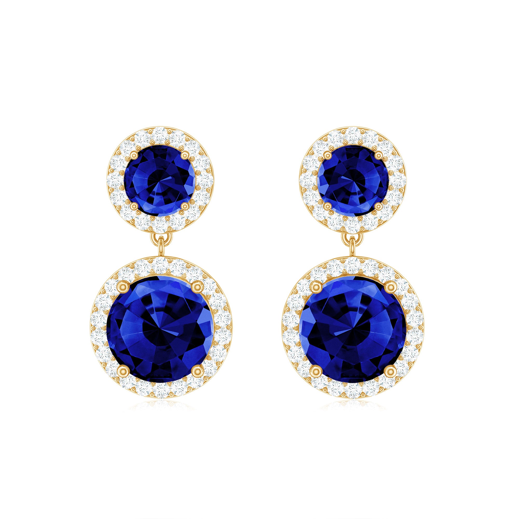 Lab Created Blue Sapphire Wedding Dangle Earrings with Moissanite Halo AAAA - Rosec Jewels