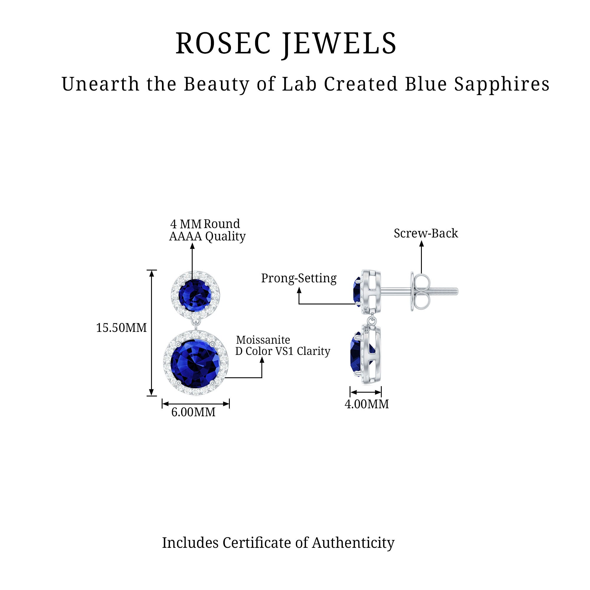 Lab Created Blue Sapphire Wedding Dangle Earrings with Moissanite Halo AAAA - Rosec Jewels
