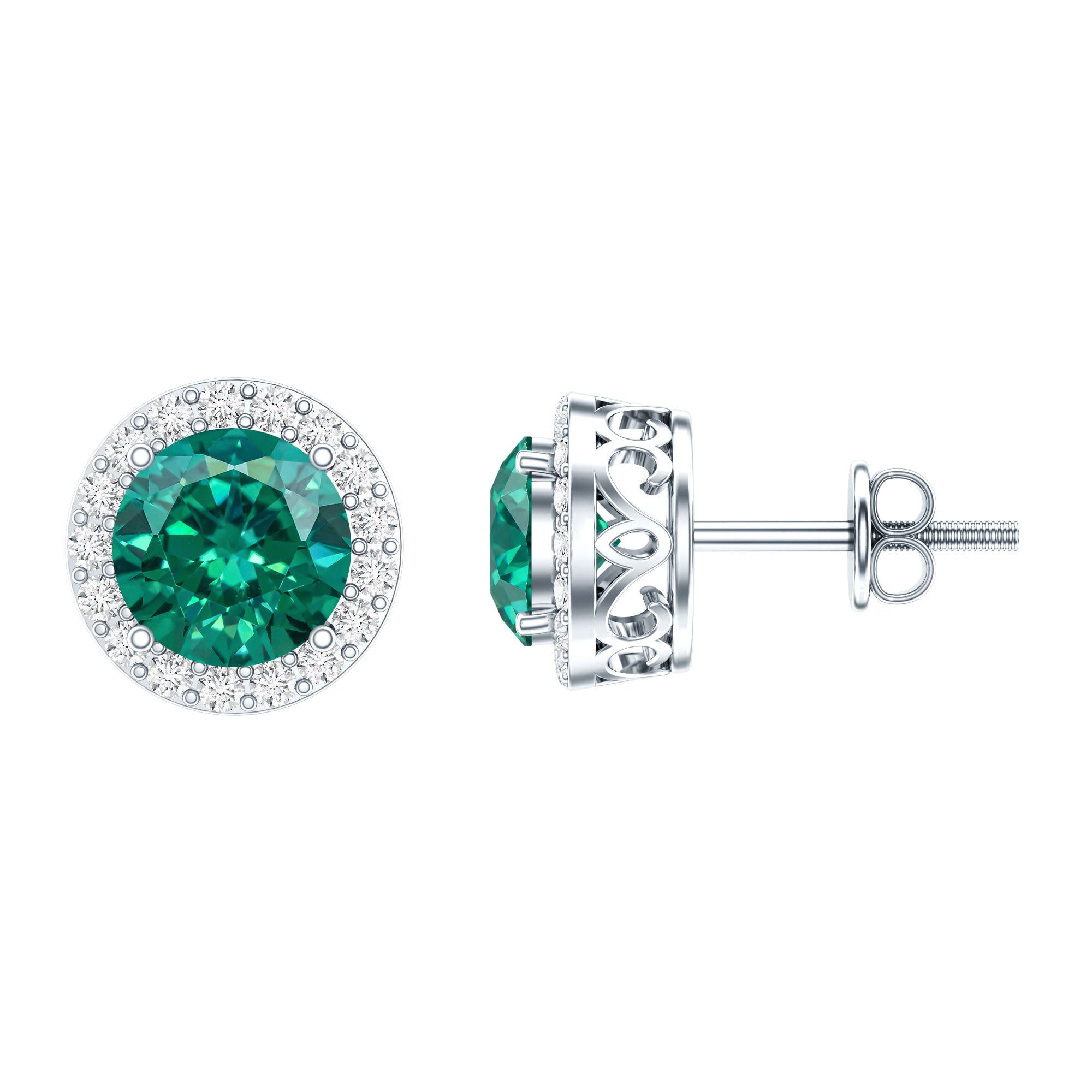 Created Emerald and Diamond Classic Halo Stud Earrings AAAA - Rosec Jewels