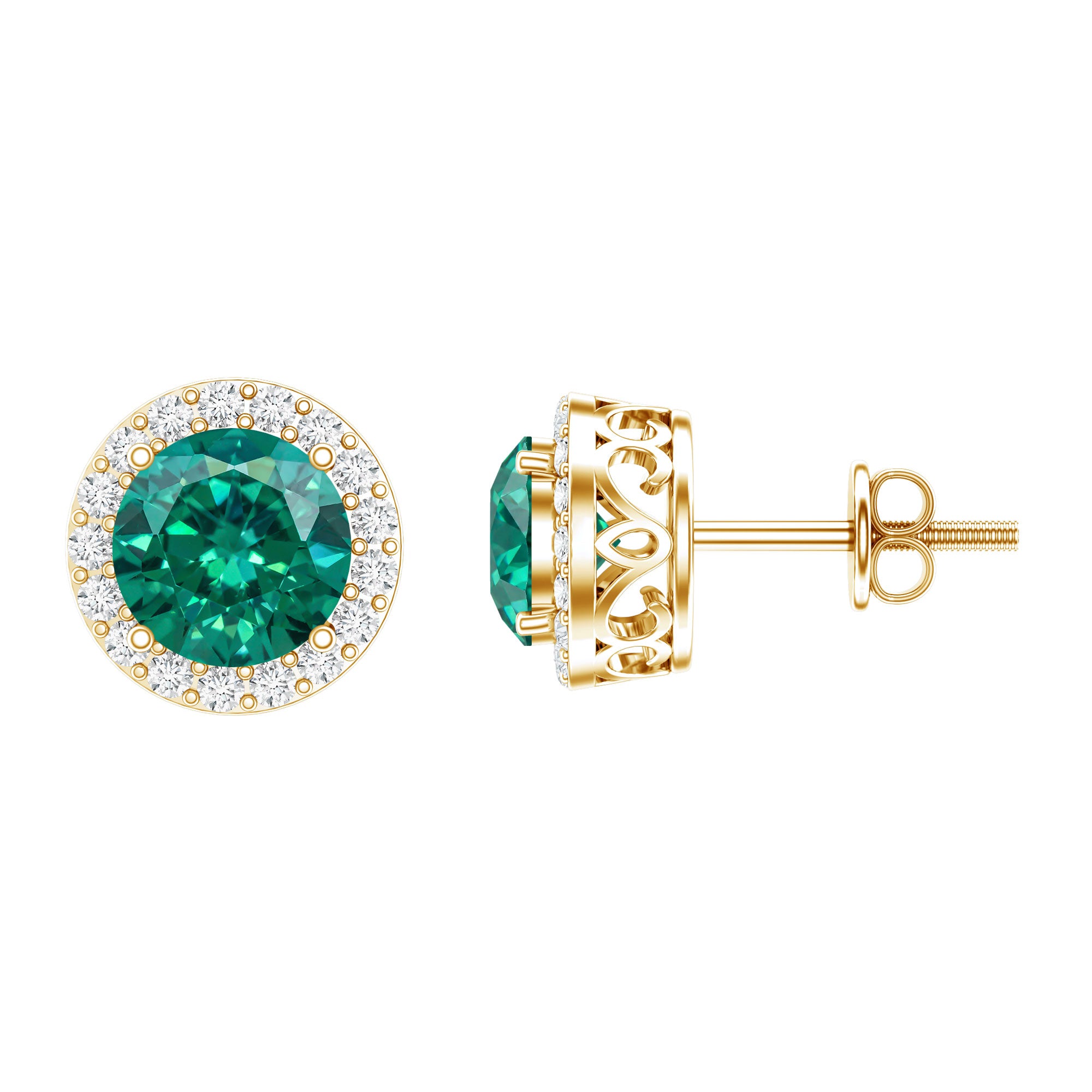 Created Emerald and Diamond Classic Halo Stud Earrings AAAA - Rosec Jewels