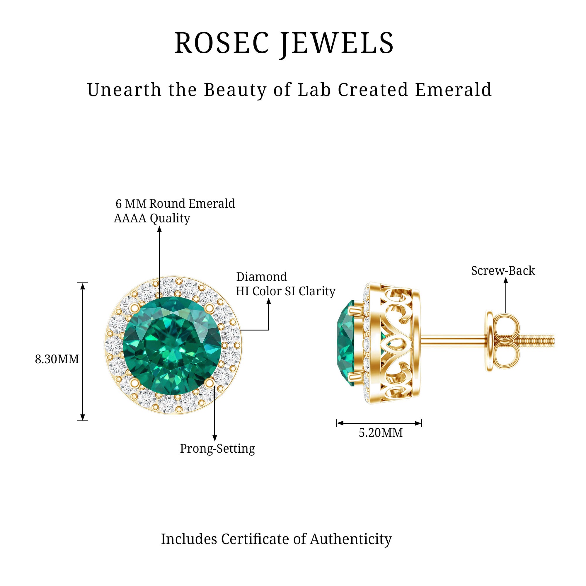 Created Emerald and Diamond Classic Halo Stud Earrings AAAA - Rosec Jewels