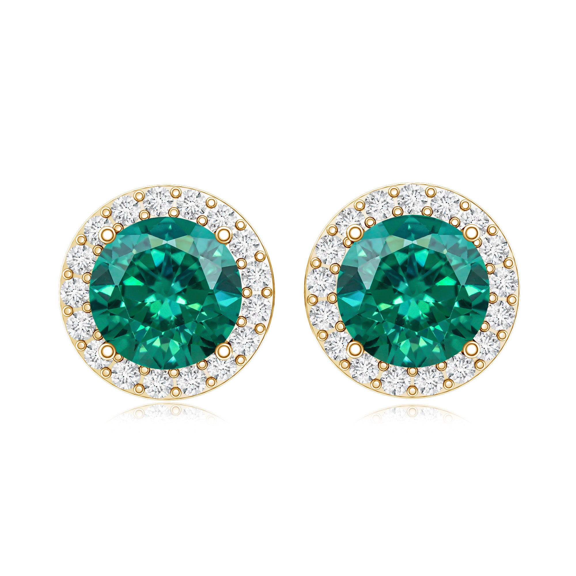 Created Emerald and Diamond Classic Halo Stud Earrings AAAA - Rosec Jewels