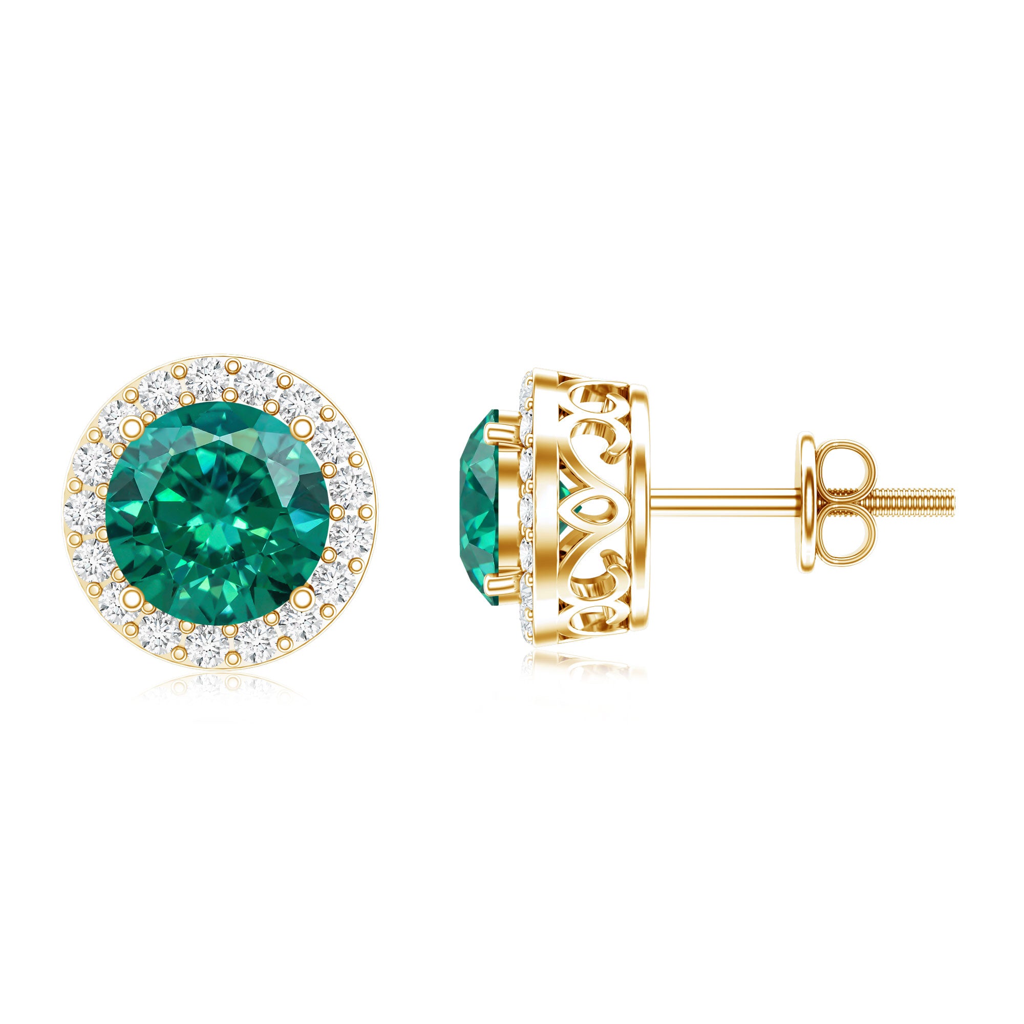 Created Emerald and Diamond Classic Halo Stud Earrings AAAA - Rosec Jewels