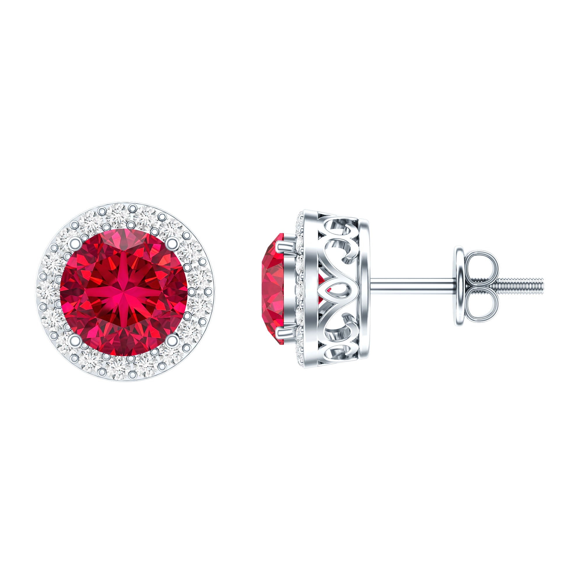 Created Ruby and Diamond Classic Halo Stud Earrings AAAA - Rosec Jewels